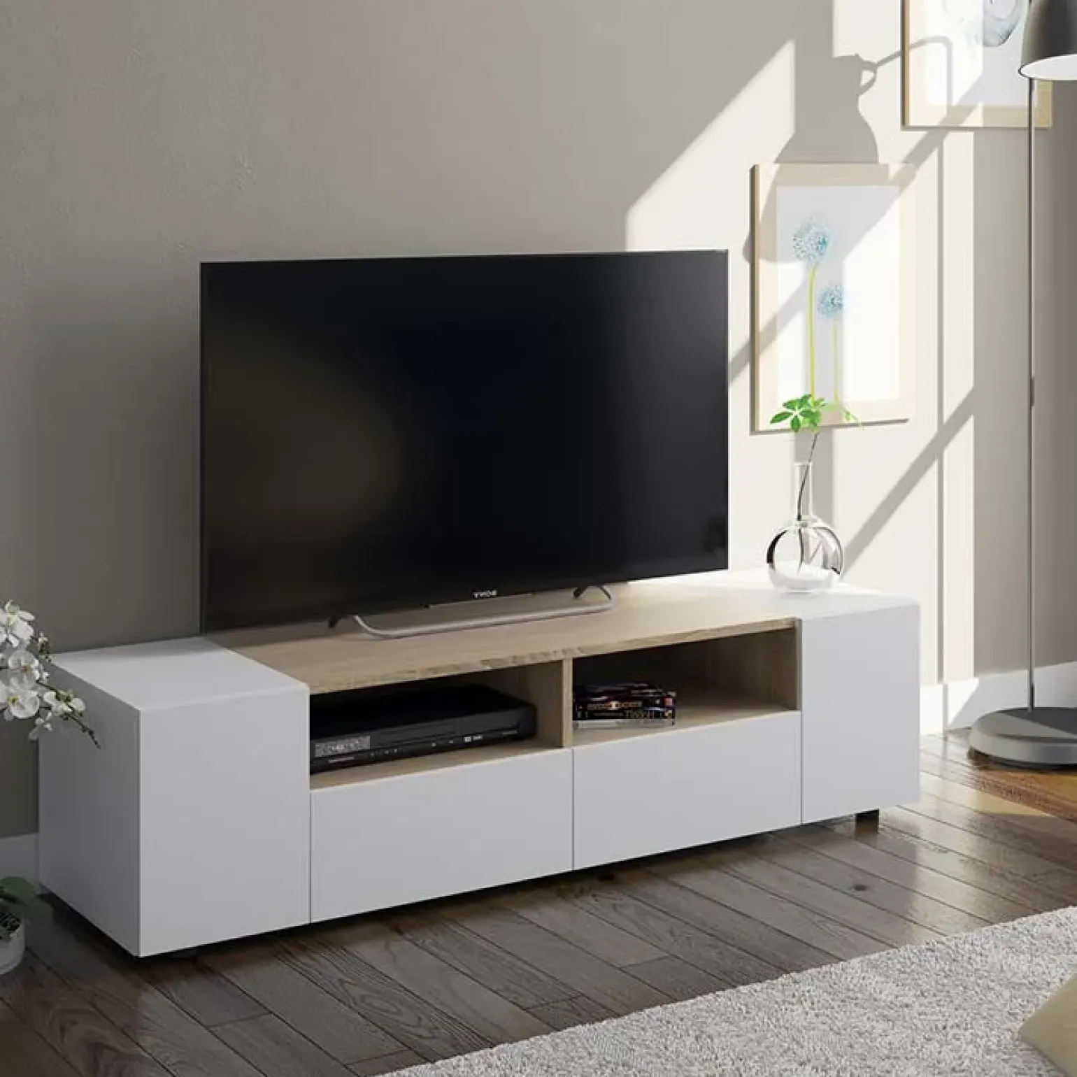 Mobile porta TV 138x36h cm 4 ante soggiorno bianco opaco rovere Ted