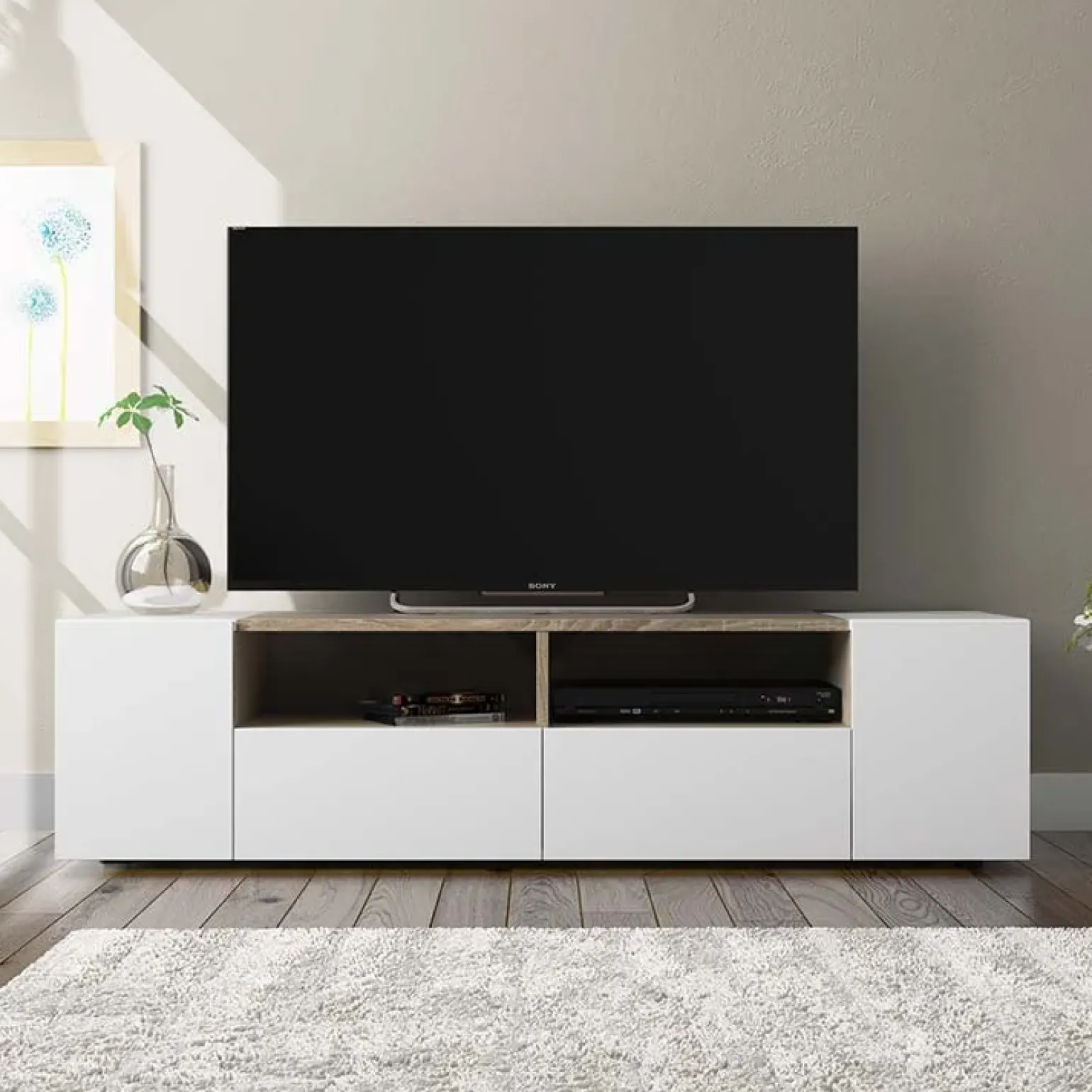 Mobile porta TV 138x36h cm 4 ante soggiorno bianco opaco rovere Ted