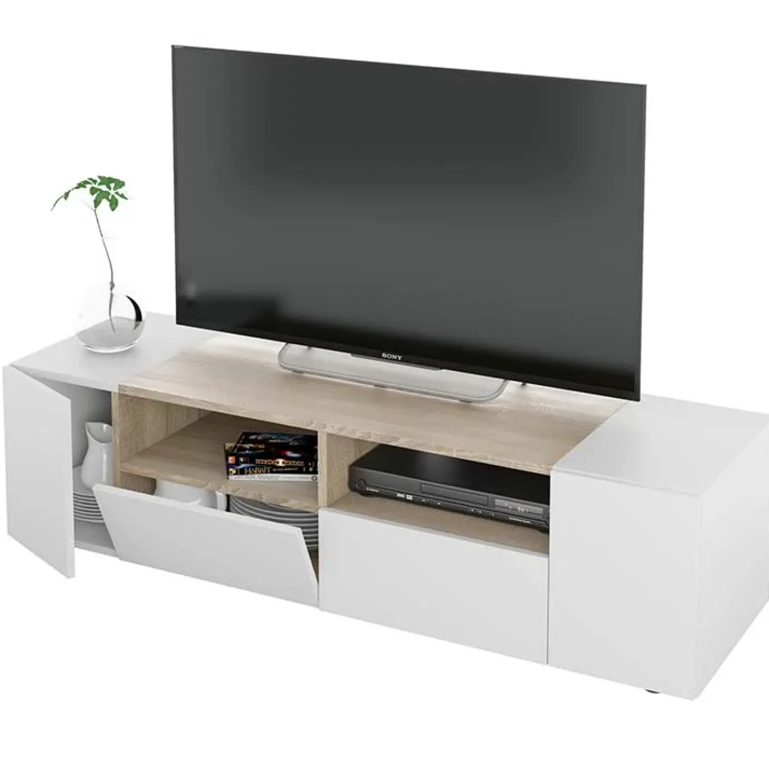Mobile porta TV 138x36h cm 4 ante soggiorno bianco opaco rovere Ted