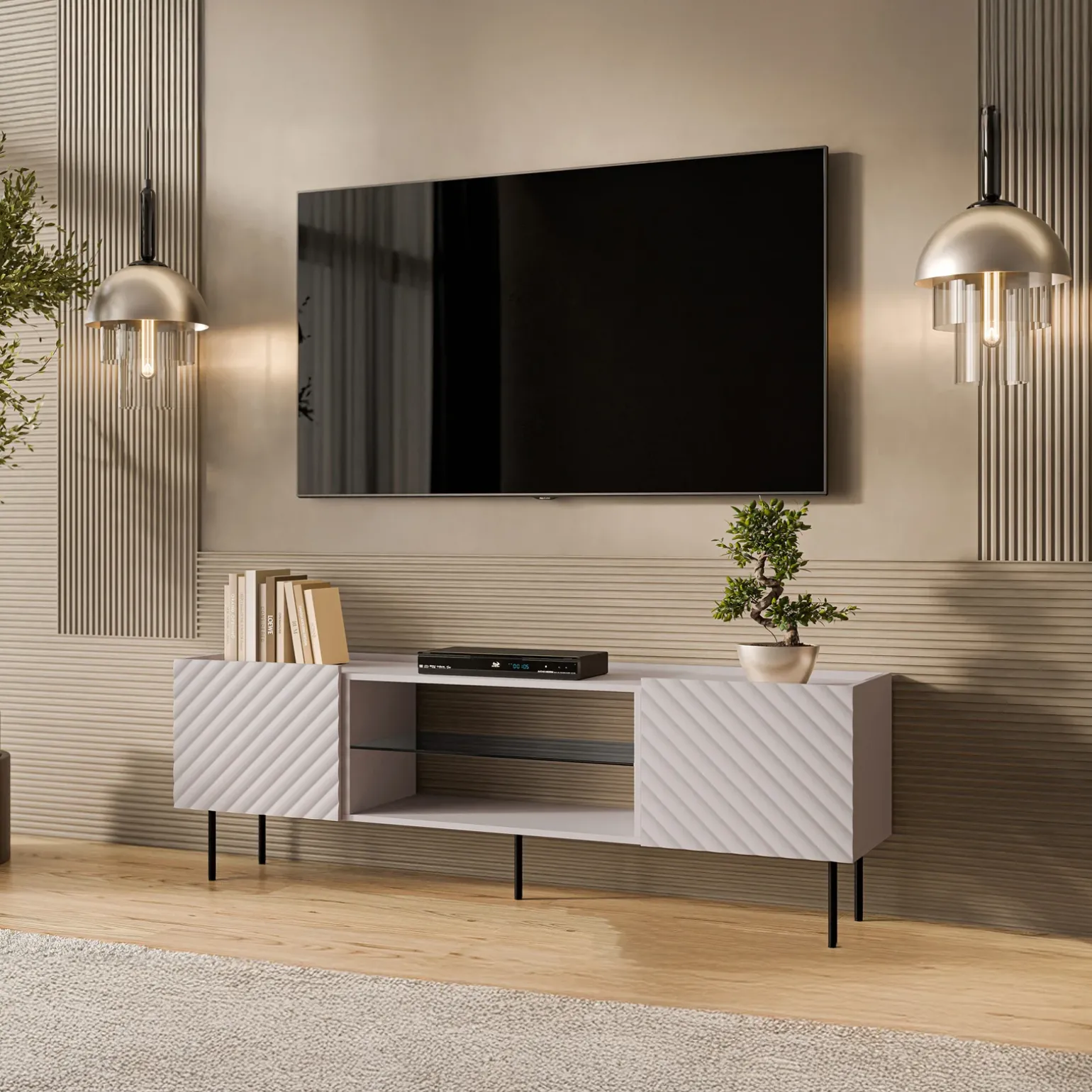 Mobile porta TV 181x59h cm 2 ante 2 vani con frontali decorati beige Daniele