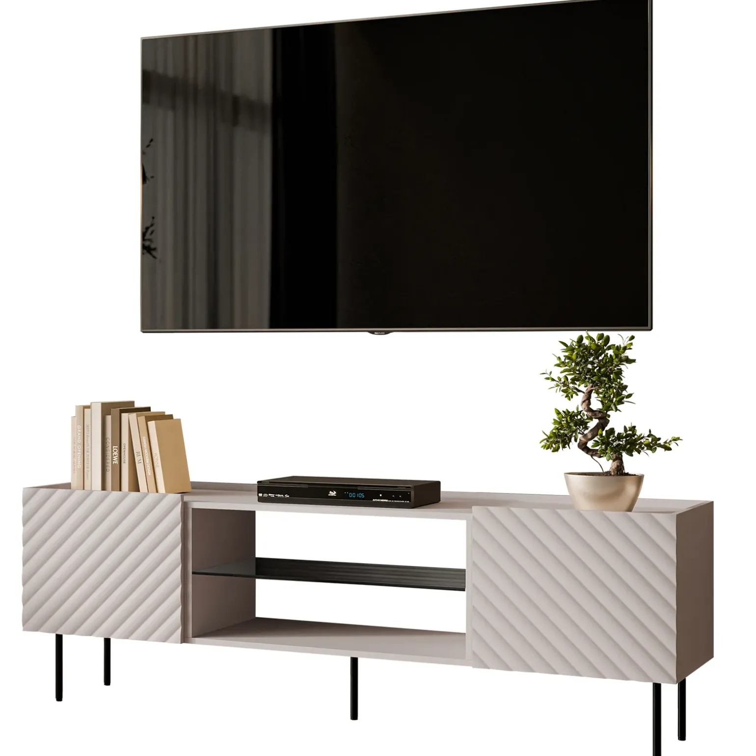 Mobile porta TV 181x59h cm 2 ante 2 vani con frontali decorati beige Daniele