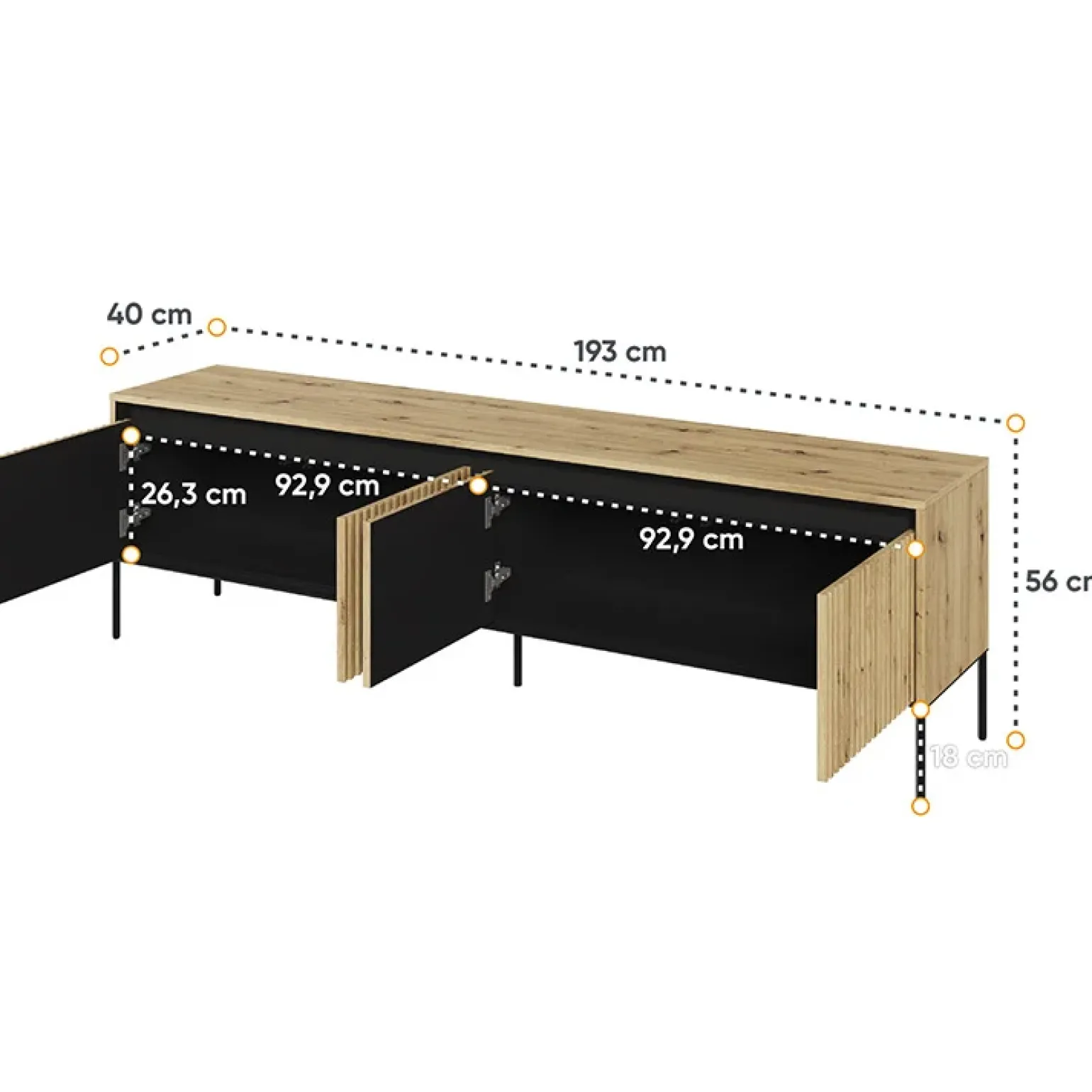 Mobile porta TV 193x56h cm 4 ante led cannettato rovere rustico nero Camelia