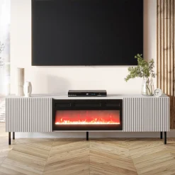 Mobile porta TV 181x53h cm 2 ante con caminetto con frontali cannettati beige Ziggy
