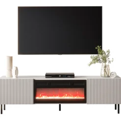 Mobile porta TV 181x53h cm 2 ante con caminetto con frontali cannettati beige  Ziggy