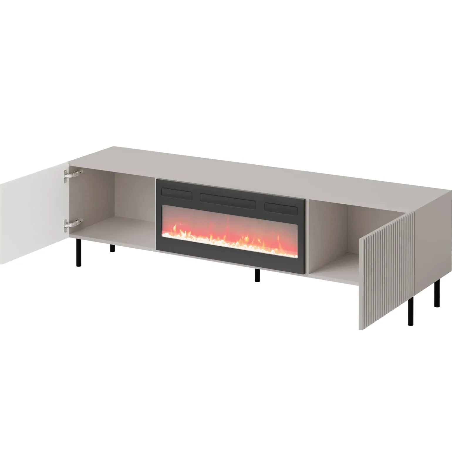 Mobile porta TV 181x53h cm 2 ante con caminetto con frontali cannettati beige Ziggy