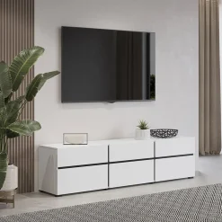 Mobile porta TV 180x48h cm 3 ante a ribalta 3 cassetti bianco opaco nero Lolla