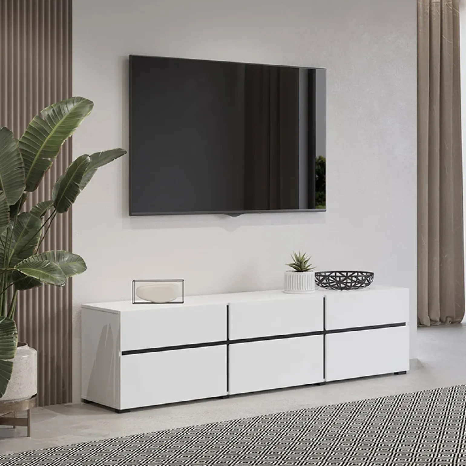 Mobile porta TV 180x48h cm 3 ante a ribalta 3 cassetti bianco opaco nero Lolla