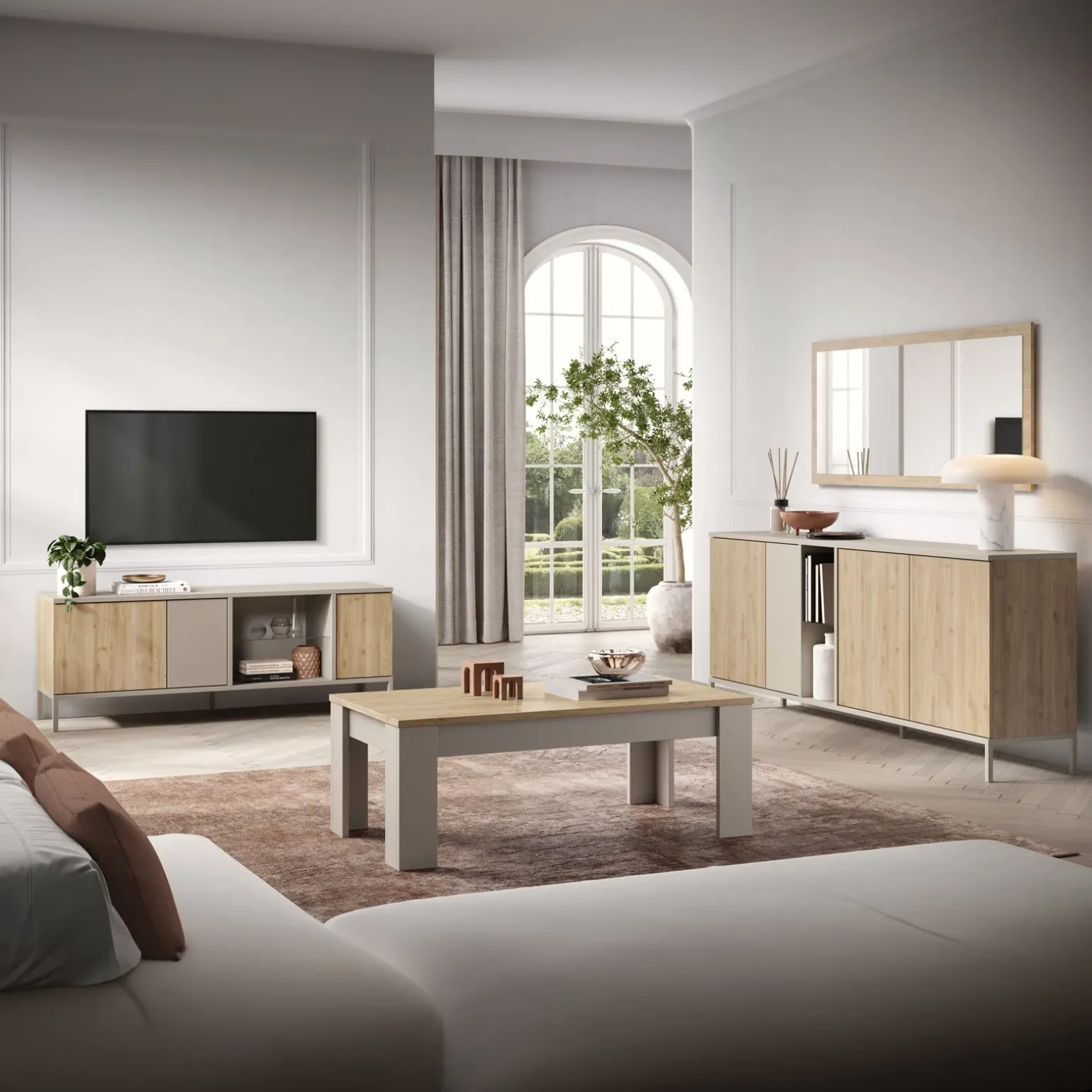 Mobile porta TV 160x59h cm 3 ante 2 vani rovere chiaro beige Tony