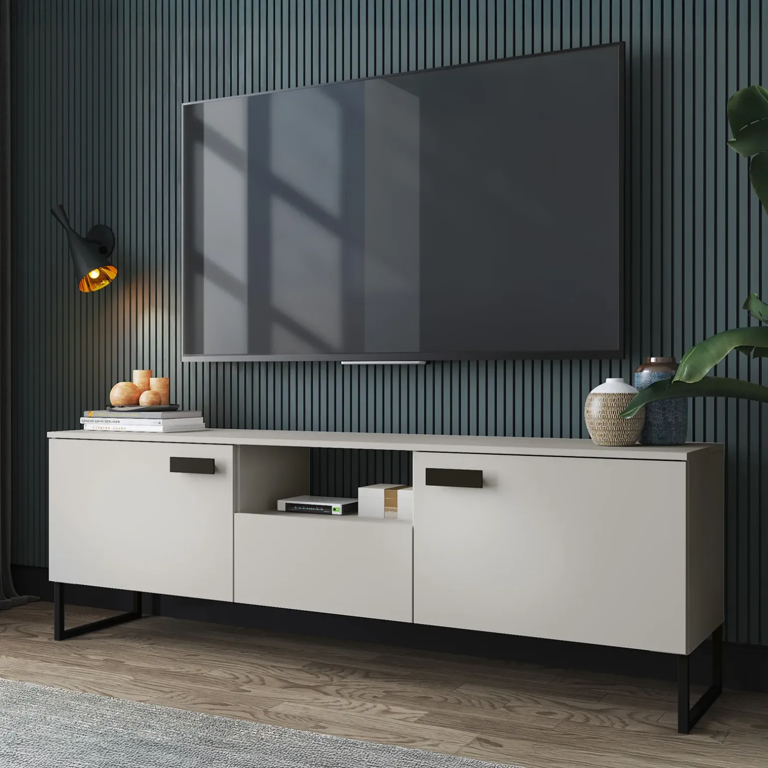 Mobile porta TV 179x60h cm 2 ante a ribalta 1 cassetto beige cashmere nero Casmira
