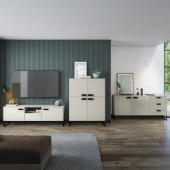 Mobile porta TV 179x60h cm 2 ante a ribalta 1 cassetto beige cashmere nero Casmira