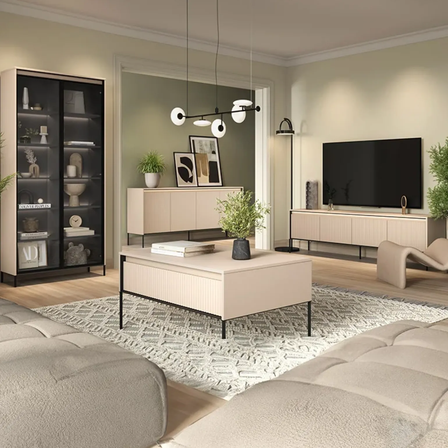 Mobile porta TV 167x56h cm 2 ante led cannettato beige nero Camelia