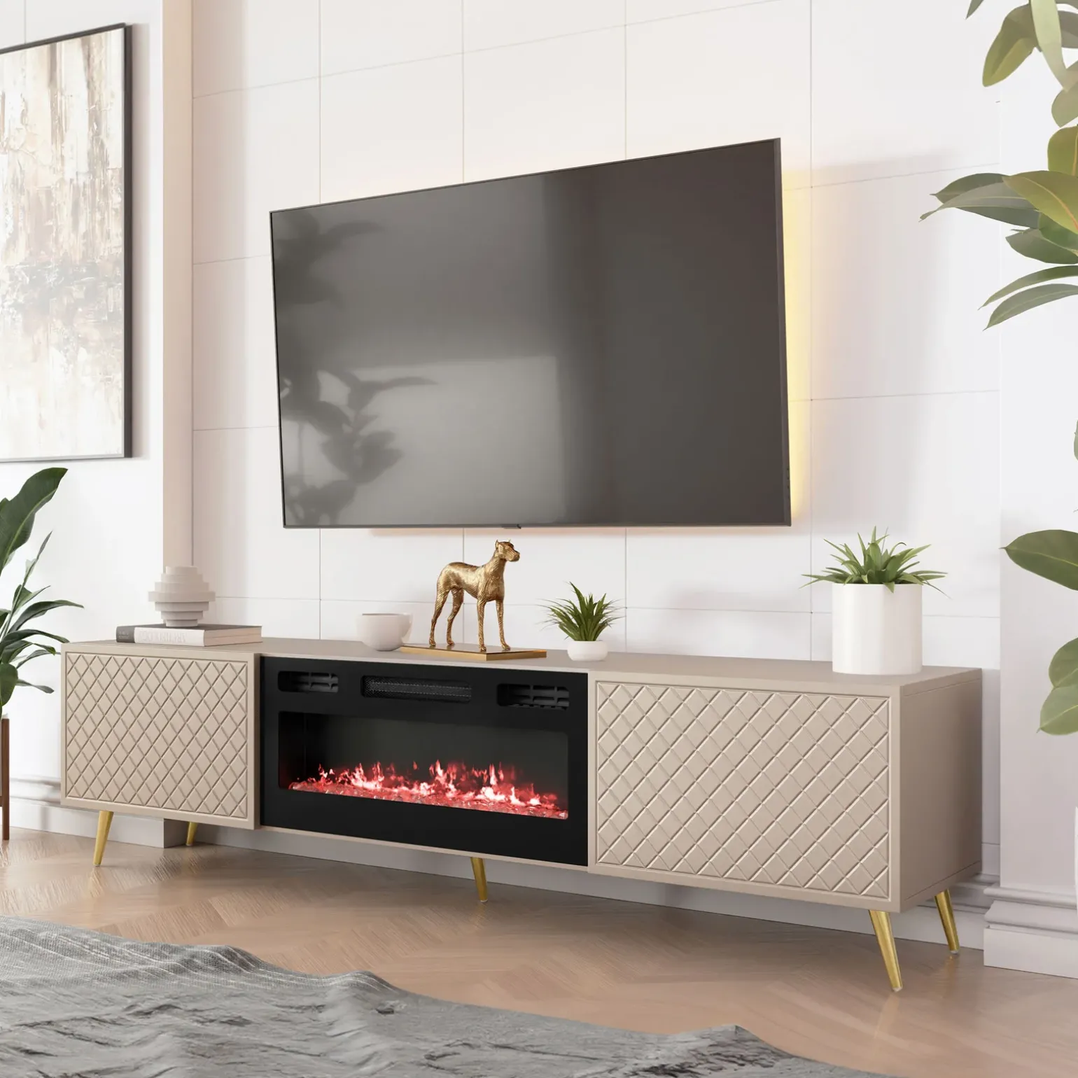 Mobile porta TV 197x52h cm 2 ante con caminetto frontali decorati beige nero Simona