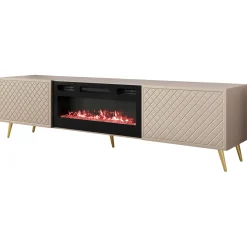 Mobile porta TV 197x52h cm 2 ante con caminetto frontali decorati beige nero Simona