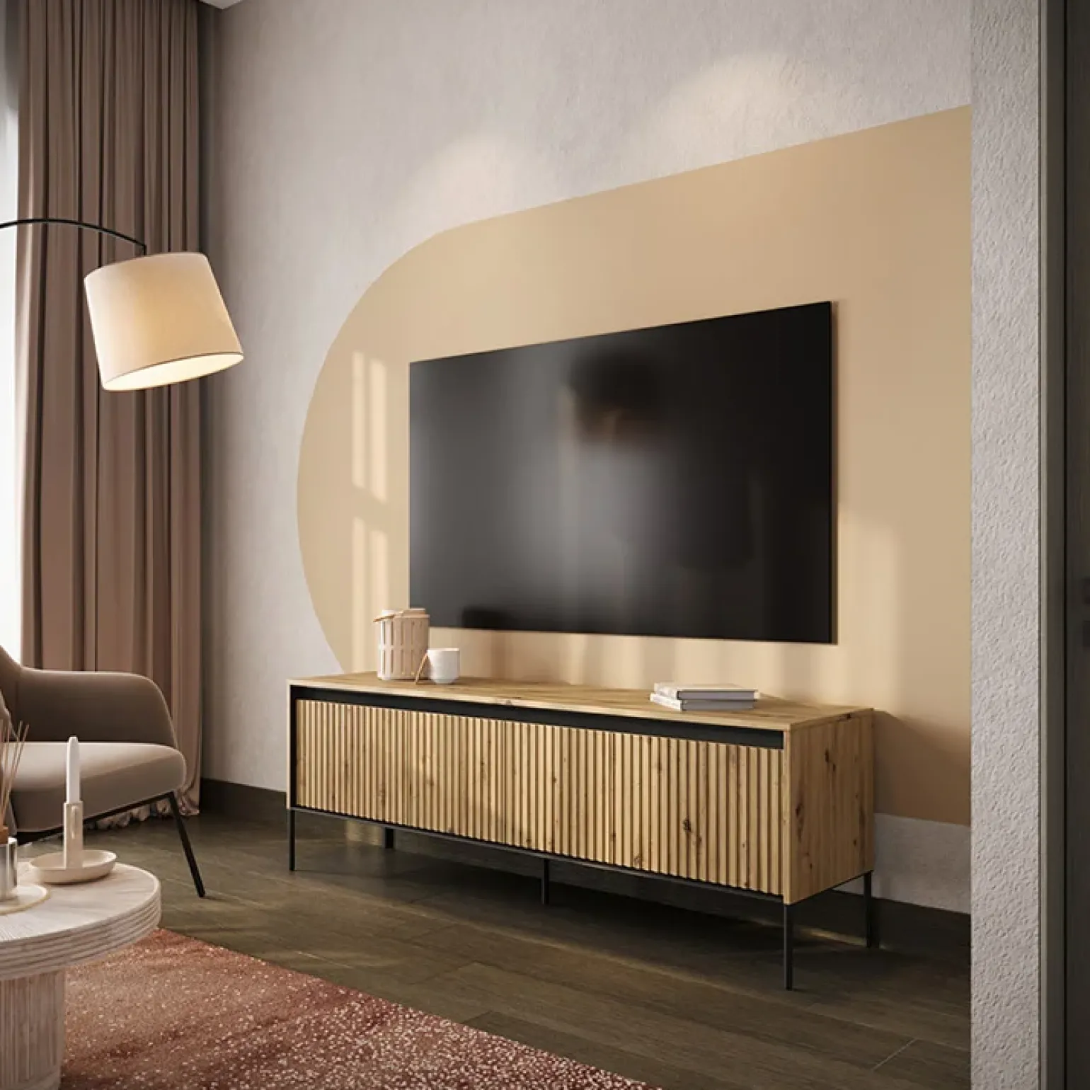 Mobile porta TV 167x56h cm 2 ante led cannettato rovere rustico nero Camelia