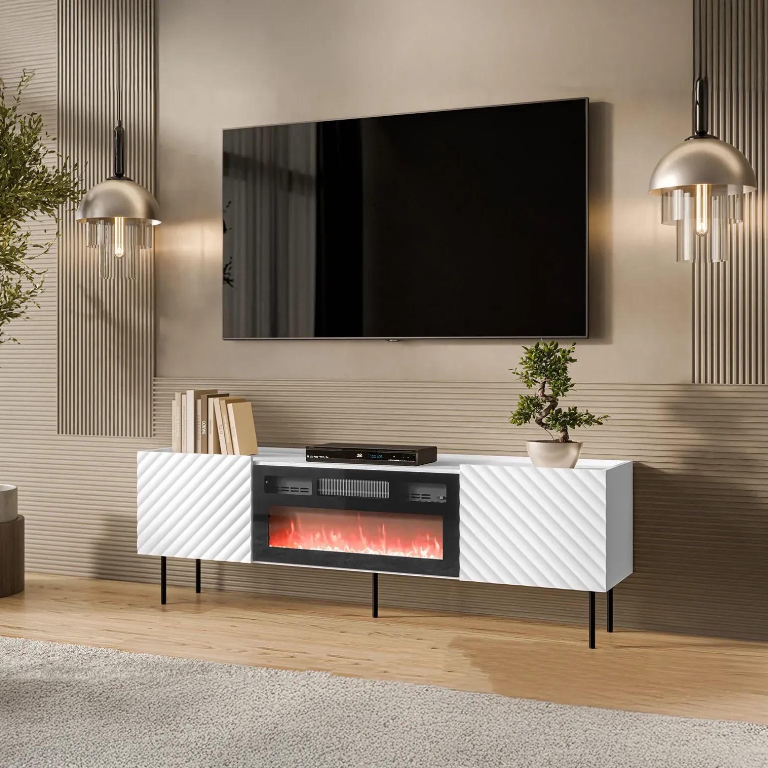 Mobile porta TV 181x59h cm 2 ante con caminetto con frontali decorati bianco Daniele