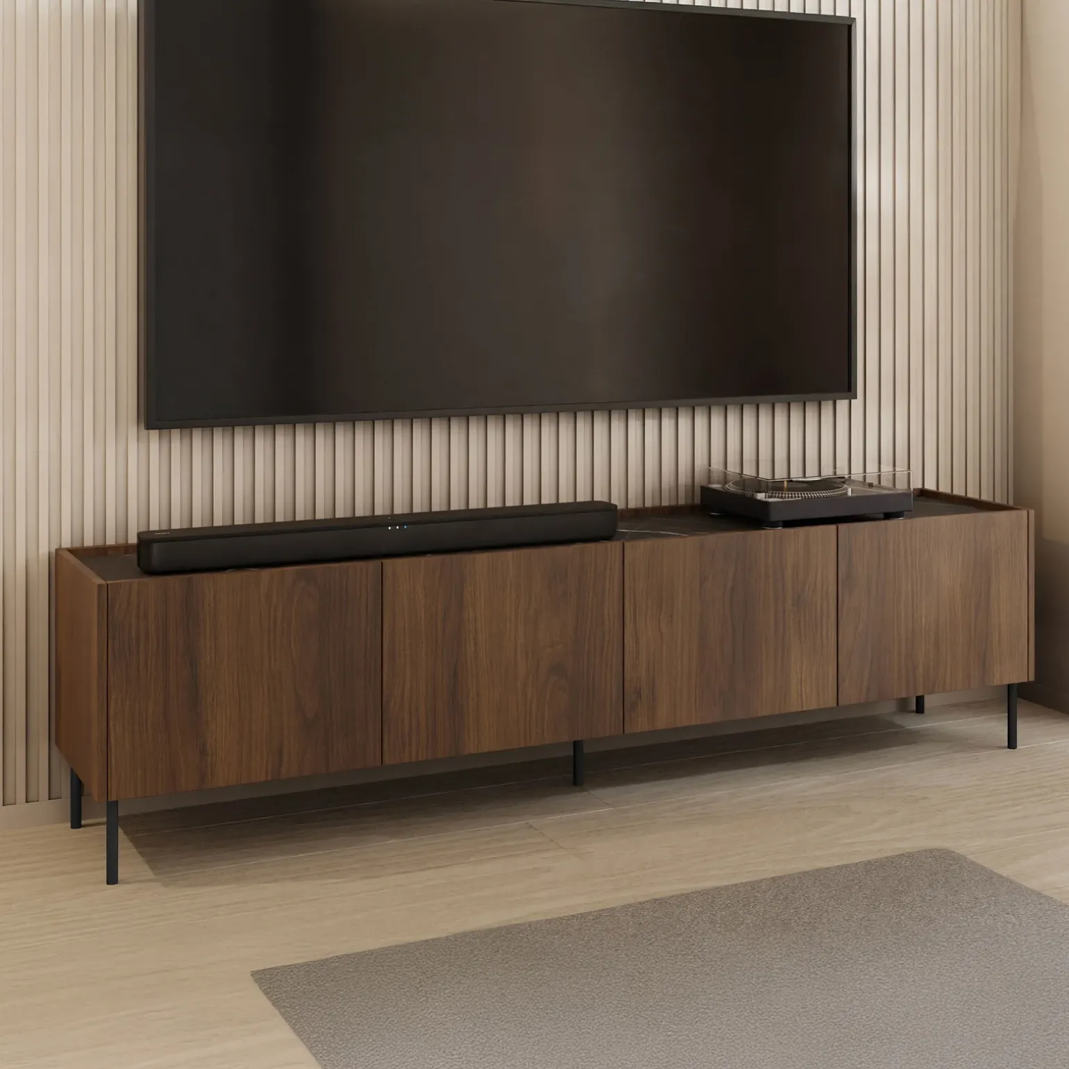 Mobile porta TV 200x50h cm 4 ante piano effetto marmo nero noce Caliva