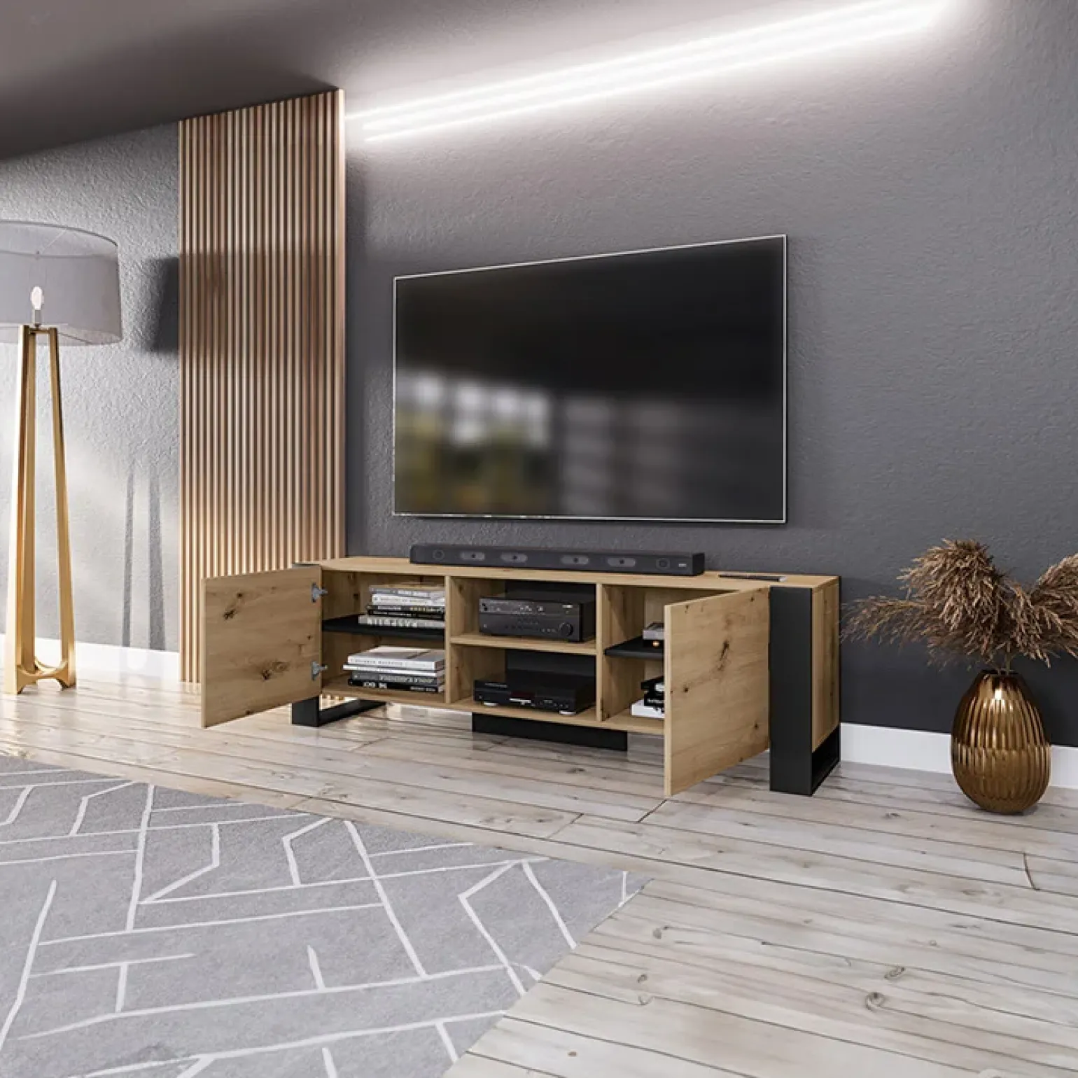 Mobile porta TV 160x51h cm 2 ante rovere nero Elbrus
