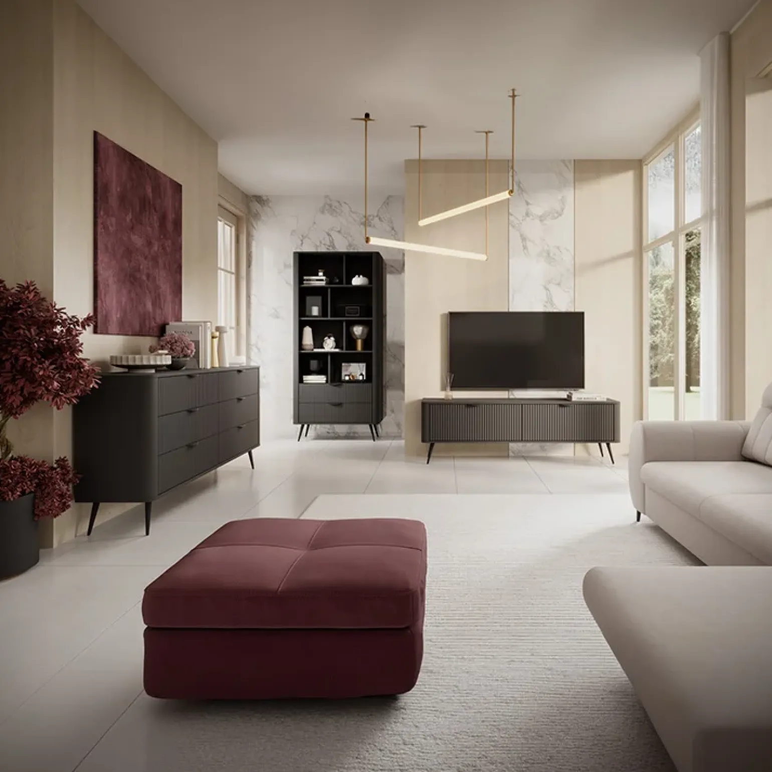 Mobile porta TV 163x51h cm 2 ante nero opaco cannettato Ramis