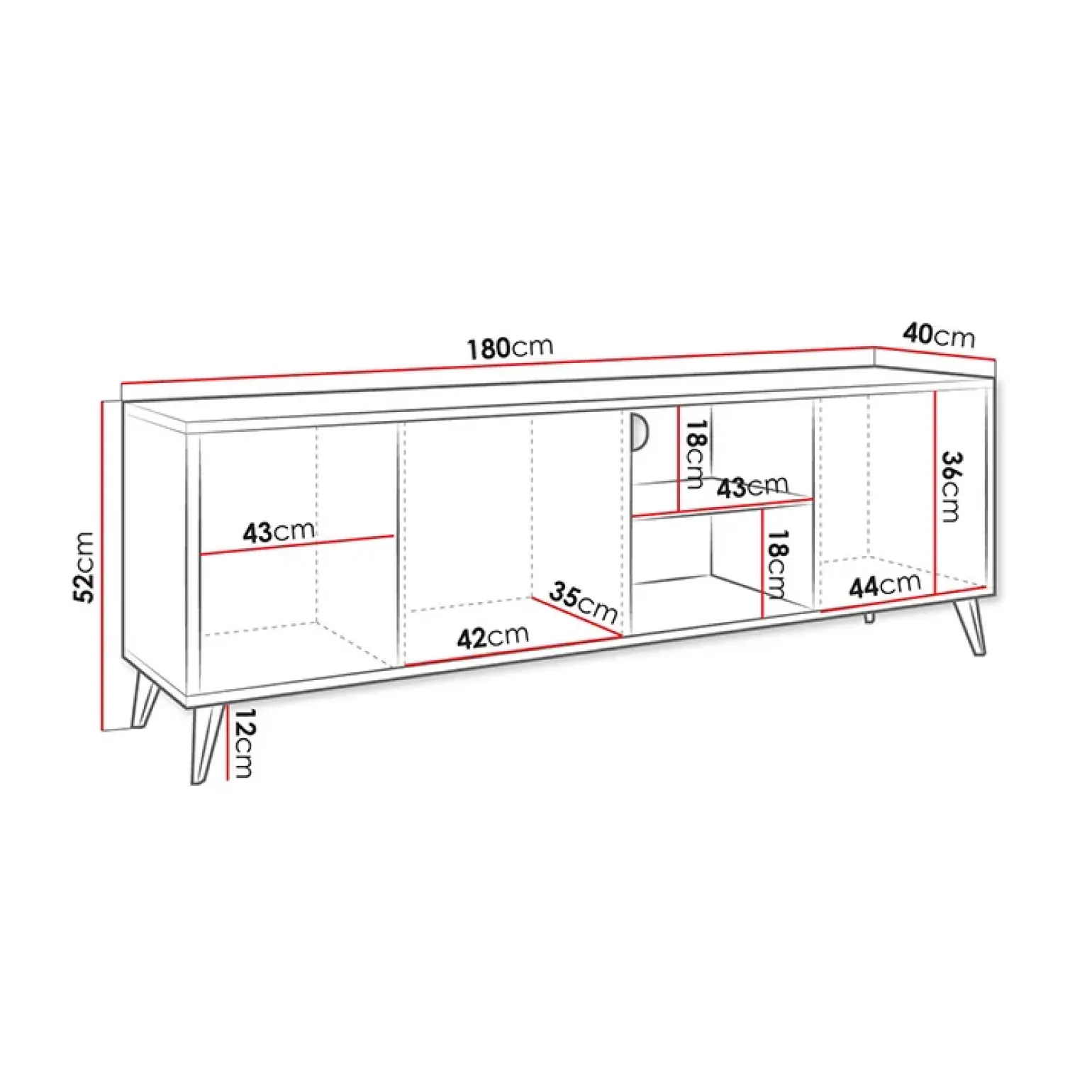 Mobile porta TV 180x52h cm 3 ante 2 vani a giorno rovere nero Hans