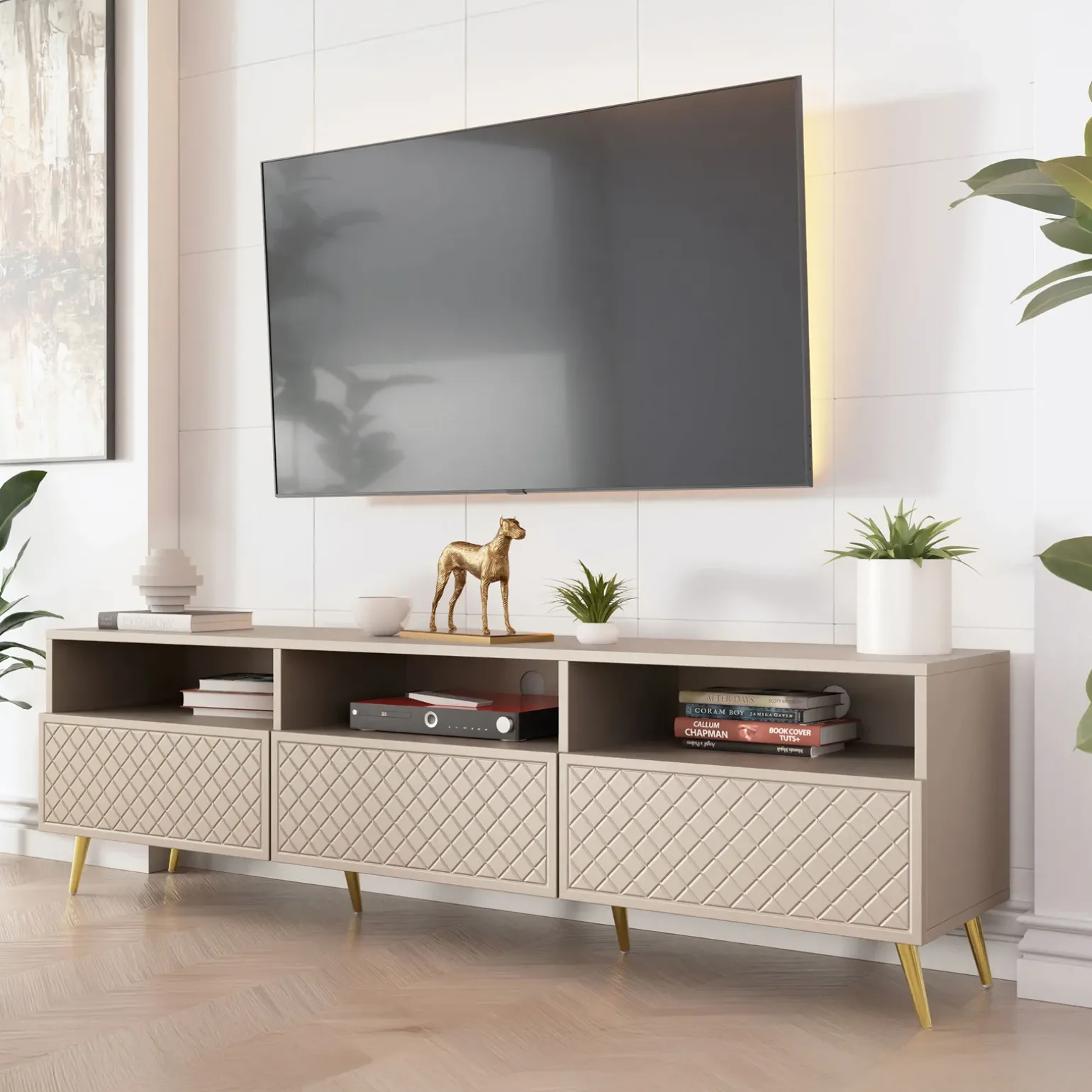 Mobile porta TV 195x57h cm 3 ante 3 vani con frontali decorati beige Simona