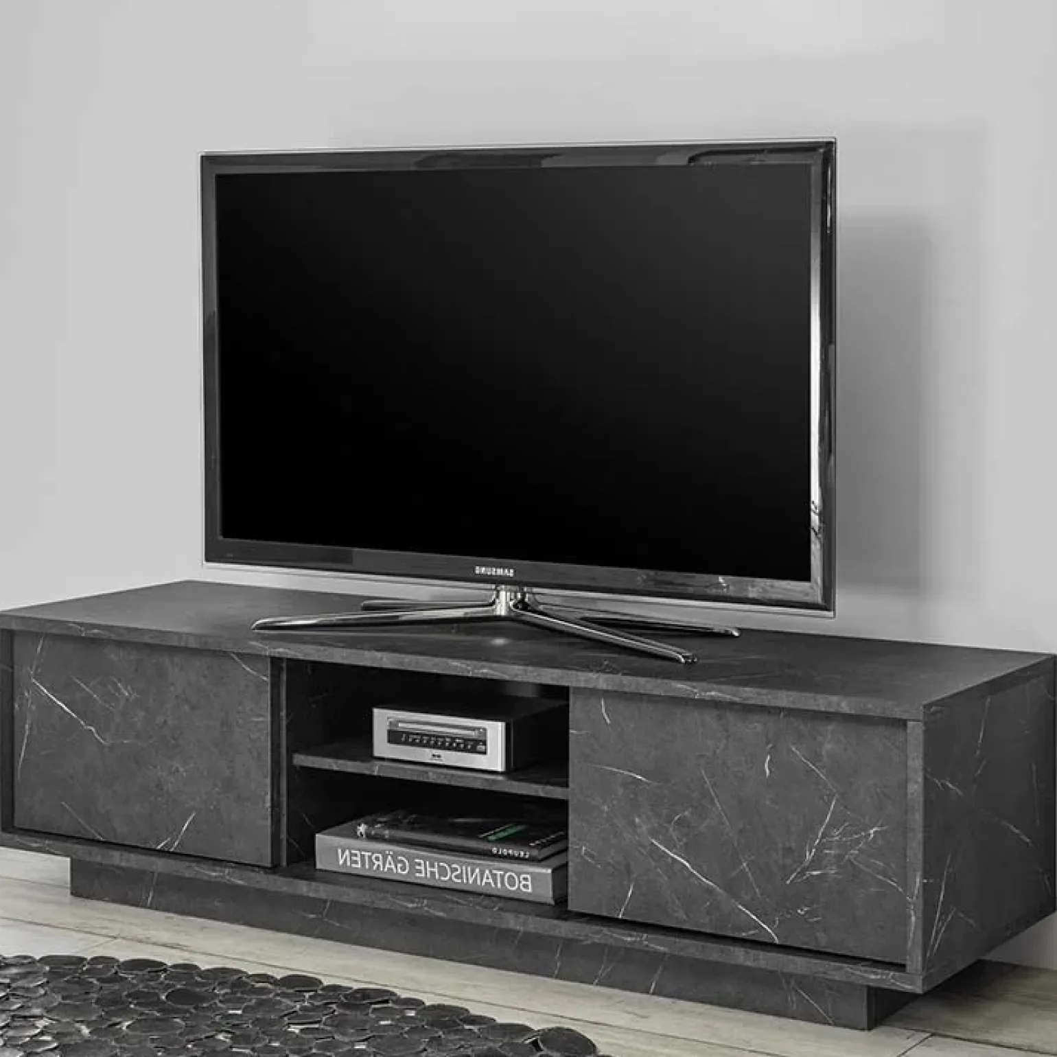 Mobile porta TV 139x44h cm 2 ante soggiorno effetto marmo nero Viking