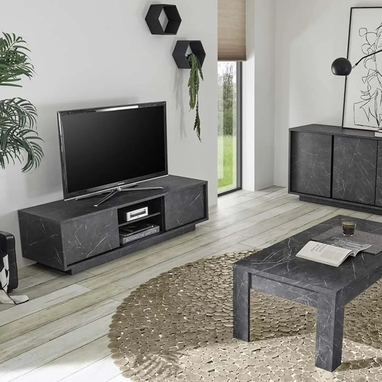 Mobile porta TV 139x44h cm 2 ante soggiorno effetto marmo nero Viking