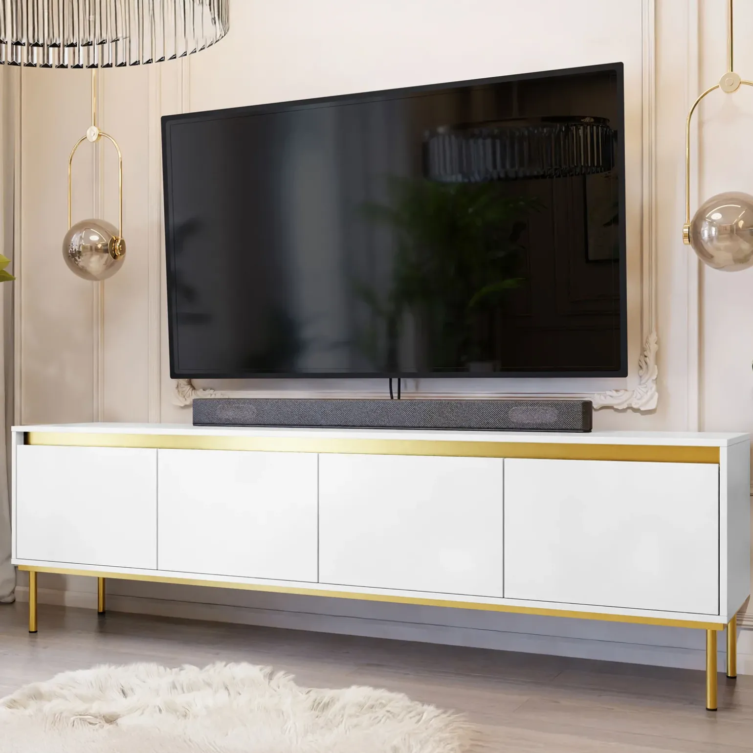 Mobile porta TV 200x60h cm 4 ante bianco oro Praga