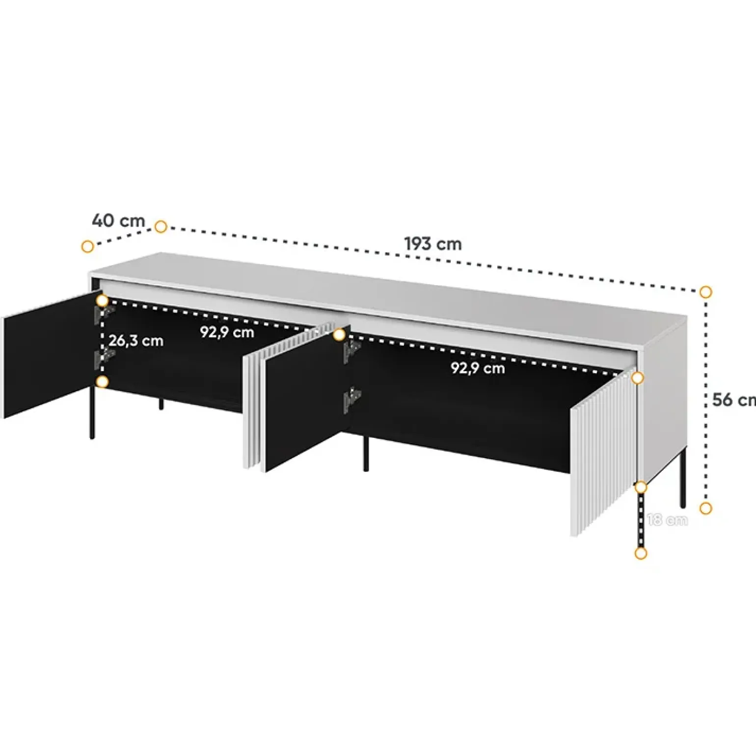 Mobile porta TV 193x56h cm 4 ante led cannettato bianco opaco nero Camelia