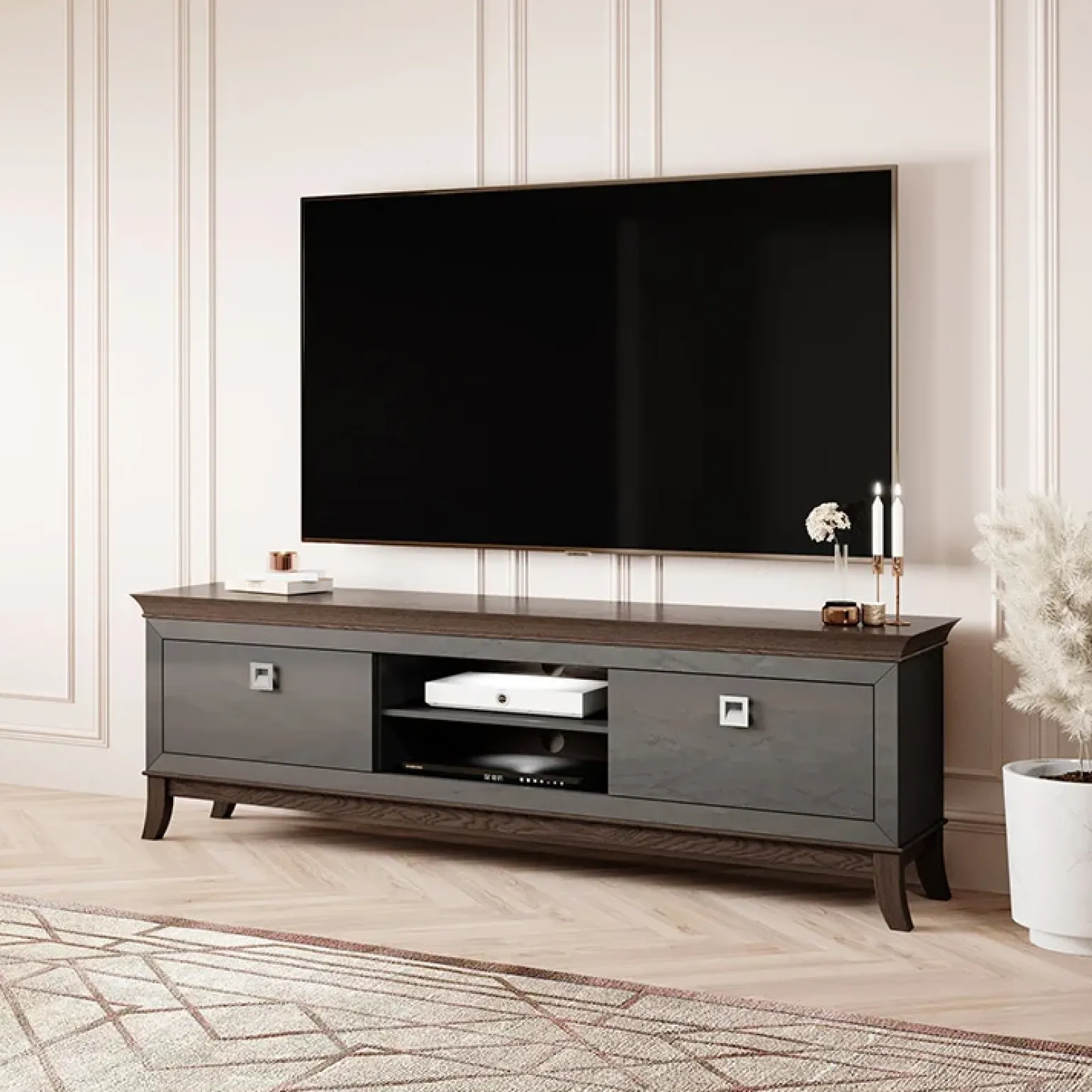 Mobile porta TV 196x63h cm 2 cassetti antracite lucido rovere scuro Umag