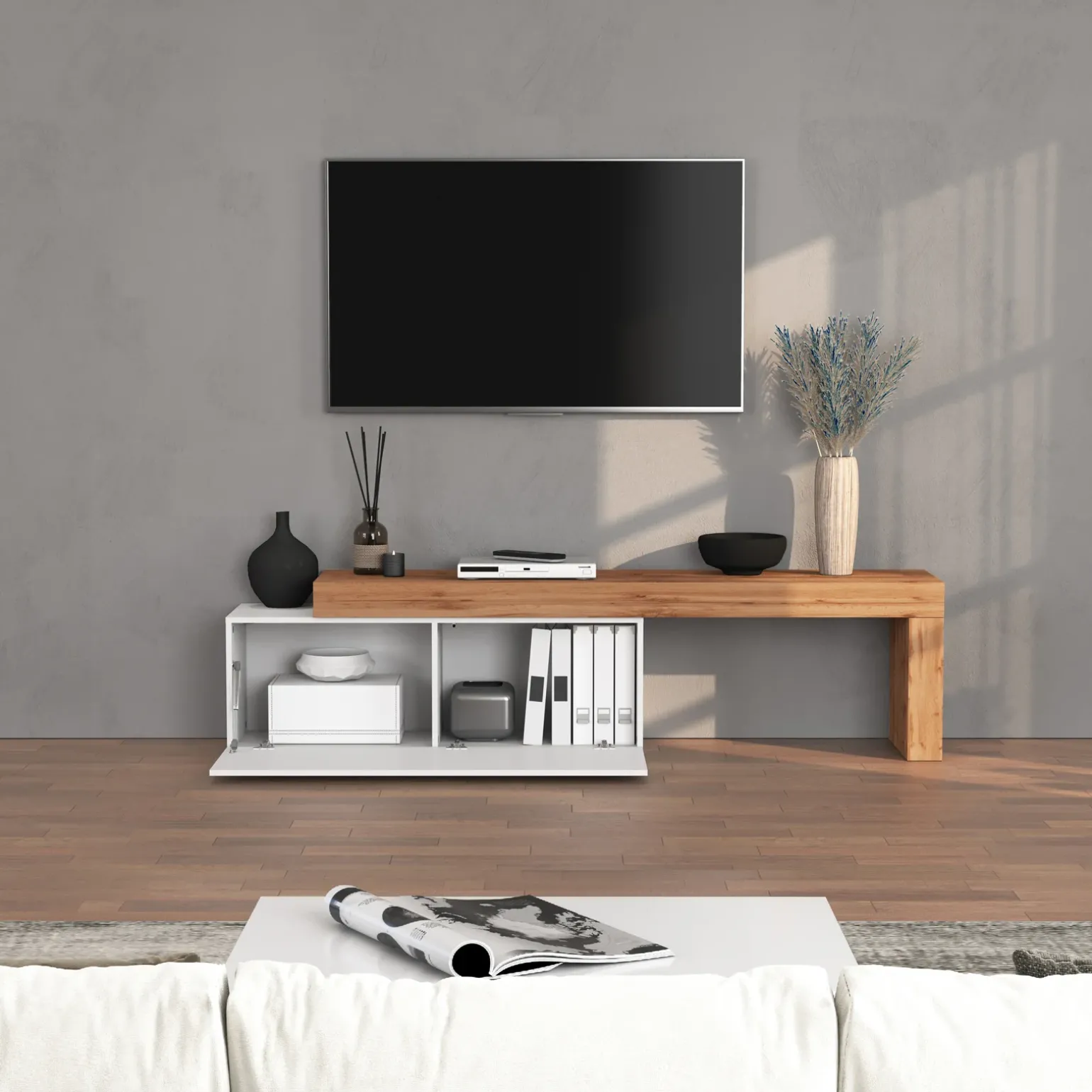 Mobile porta tv 220x51h cm bianco lucido rovere Block