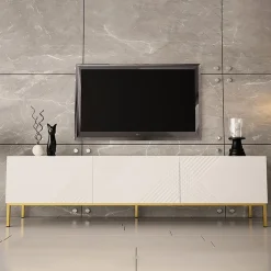 Mobile porta TV 190x5h cm con frontale decorato bianco lucido Marisa