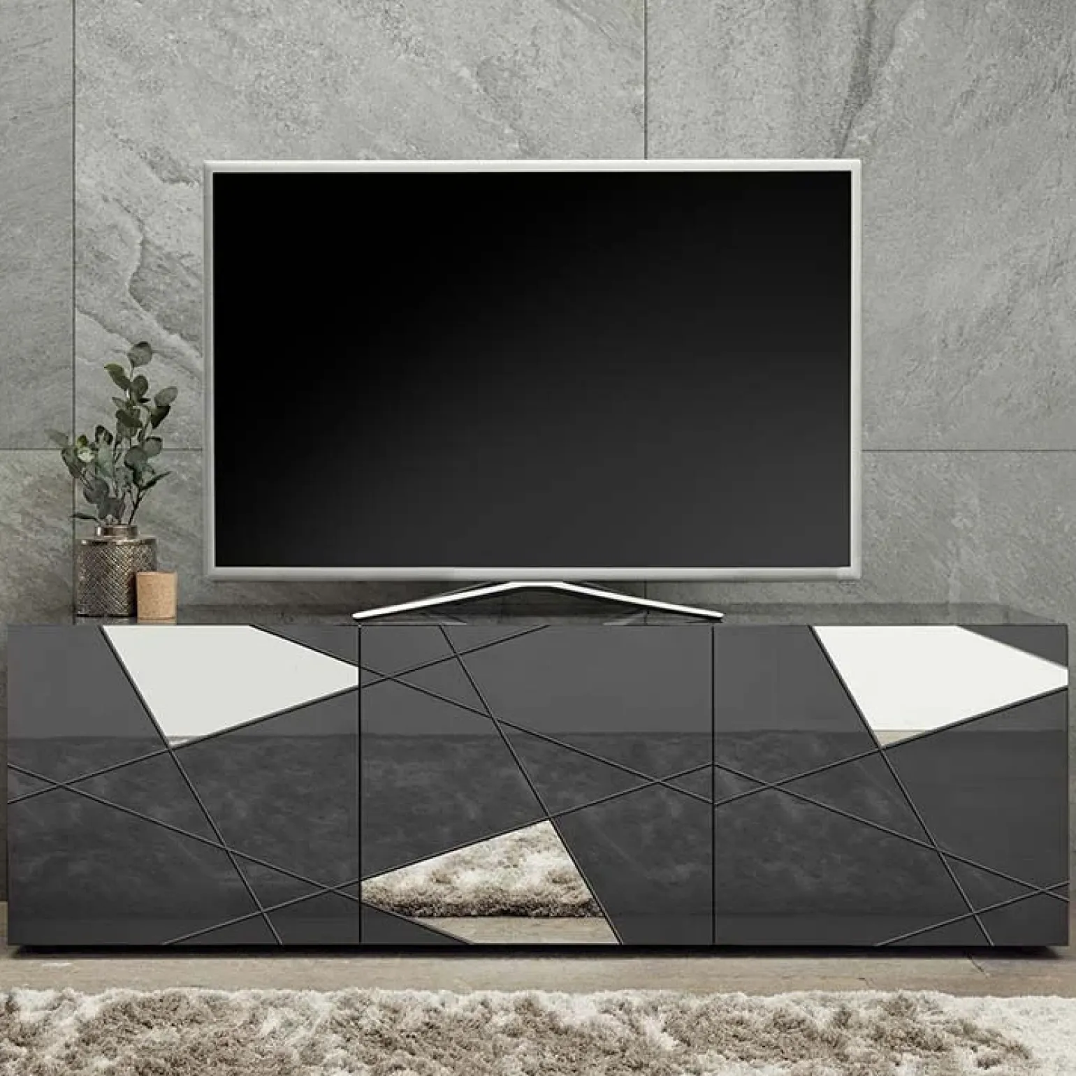 Mobile porta TV 181x57h cm grigio lucido specchio con serigrafia Olimpo
