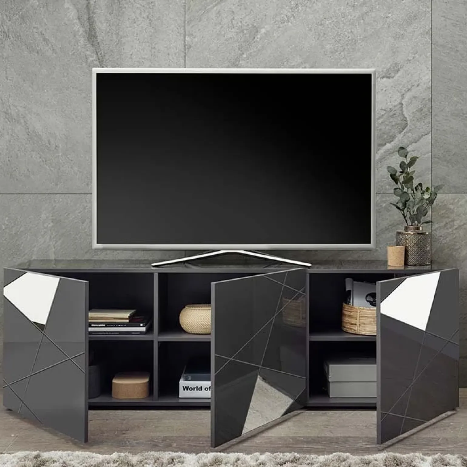 Mobile porta TV 181x57h cm grigio lucido specchio con serigrafia Olimpo