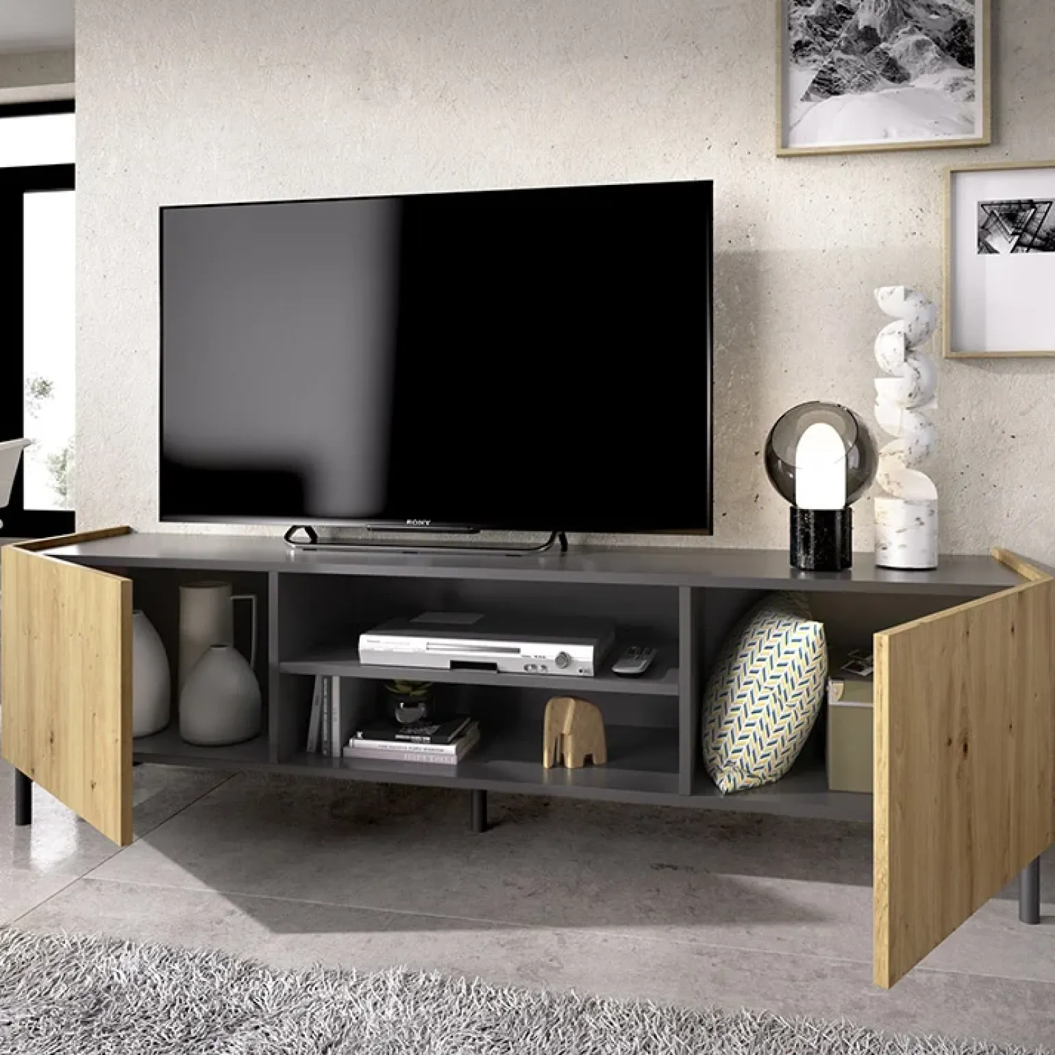 Mobile porta TV 161x45h cm legno rovere grafite Mino