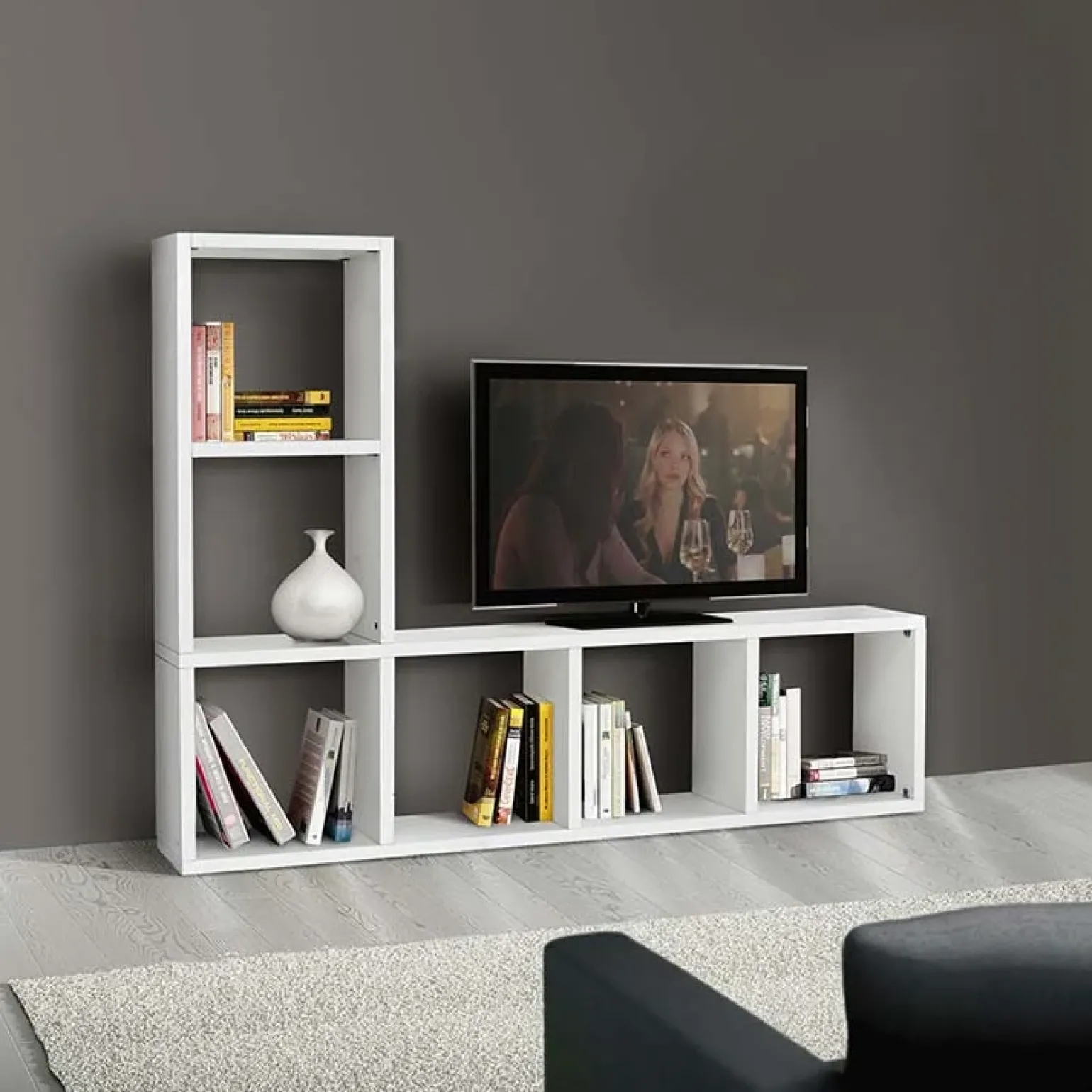 Mobile porta TV 175x132h cm libreria componibile bianco frassinato Kubic 06