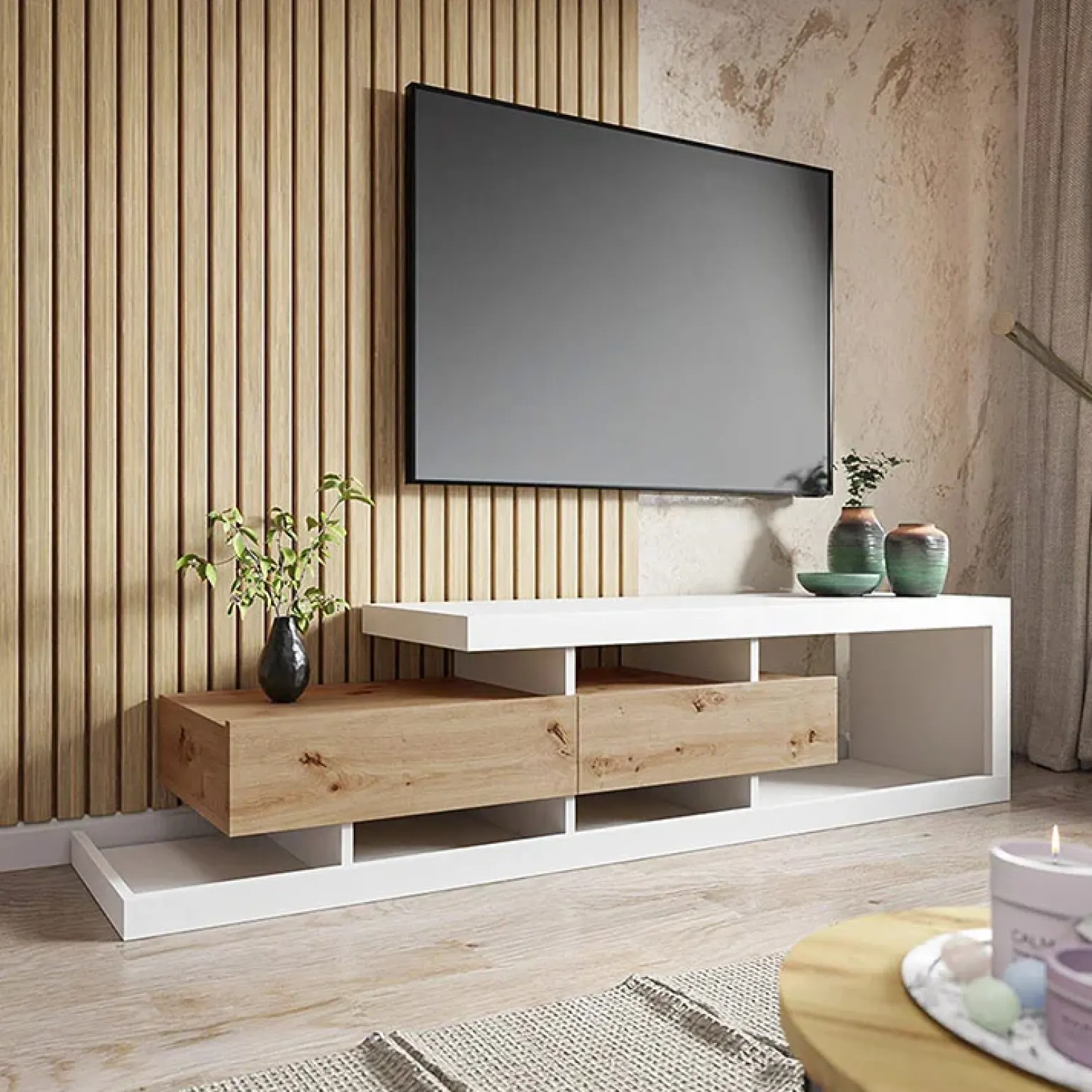 Mobile porta TV 198x45h cm moderno bianco rovere Pabla