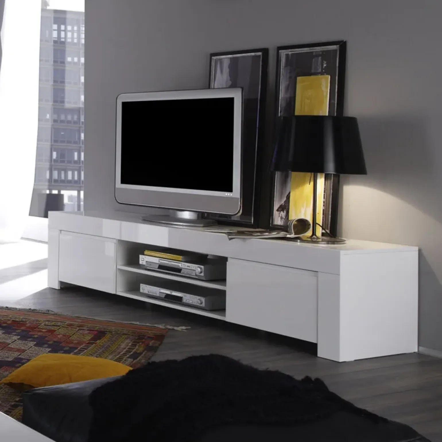 Mobile porta TV 190x50h cm moderno laccato bianco lucido Essential