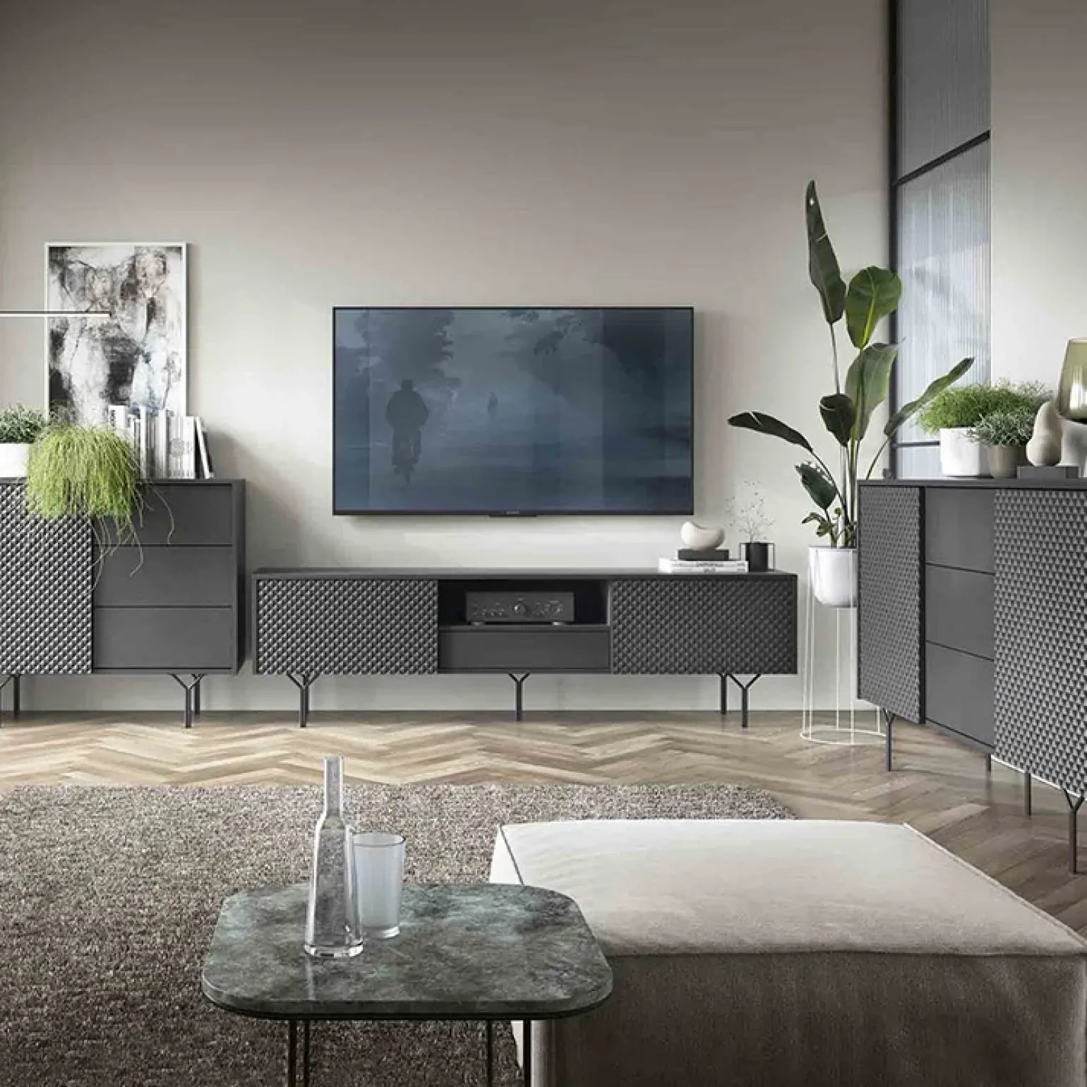 Mobile porta TV 180x51h cm moderno antracite frassinato nero Parigi