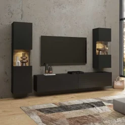 Mobile porta TV 180x35h cm moderno nero Fusion con 2 ribalte