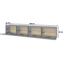 Mobile porta TV 180x35h cm moderno nero Fusion con 2 ribalte