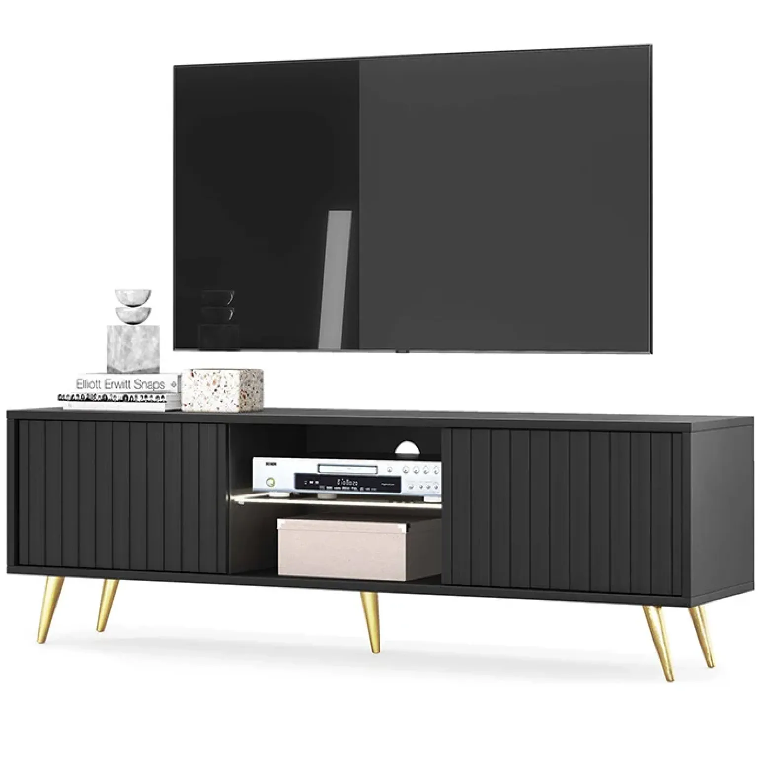 Mobile porta TV 135x45h cm moderno 2 ante nero cannettato Celestia
