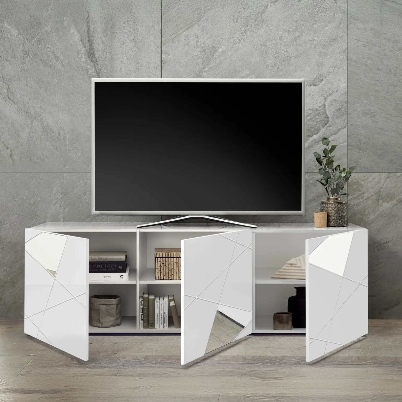 Mobile porta TV 181x57h cm moderno specchio con serigrafia bianco lucido Silea