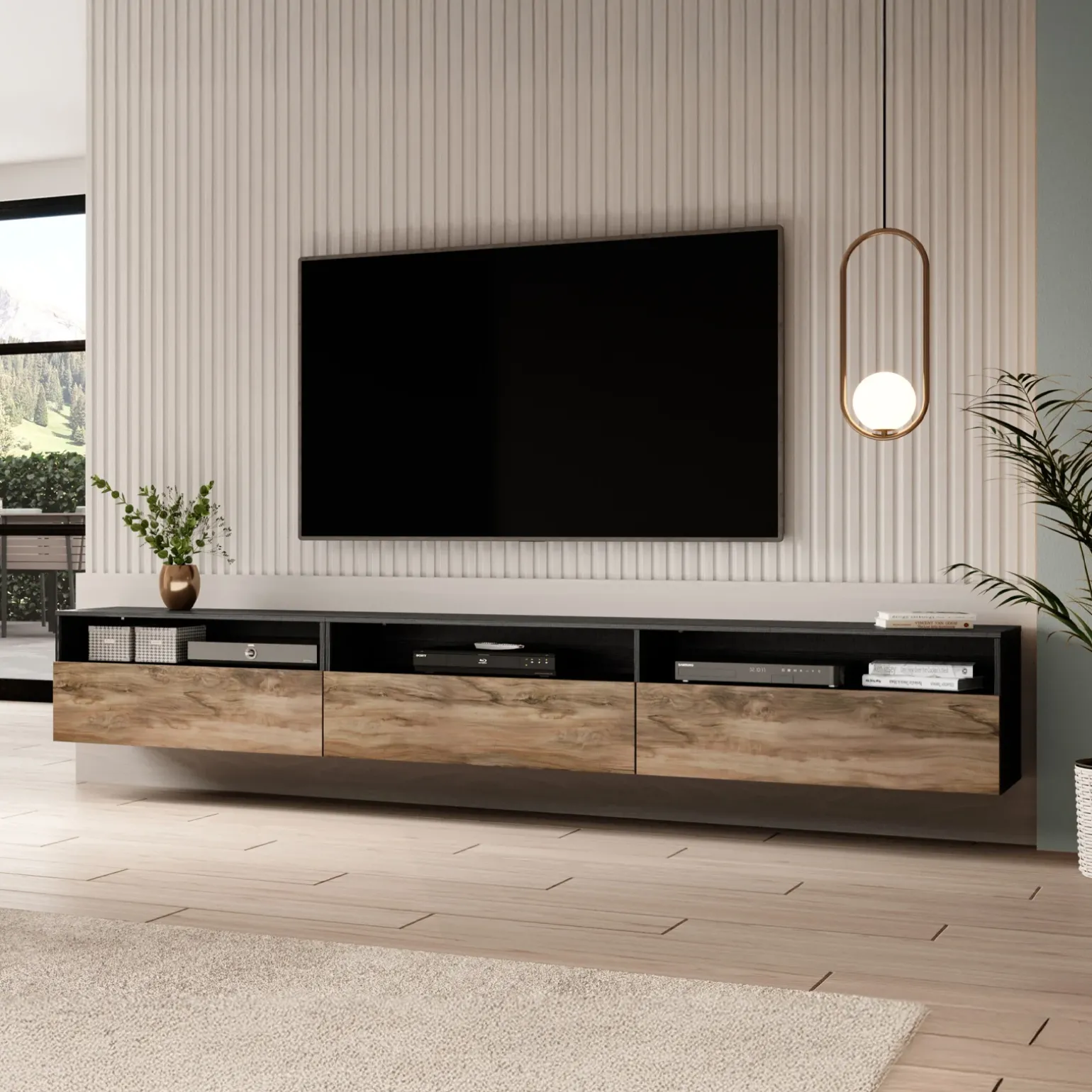 Mobile porta TV 270x42h cm moderno noce antico nero frassinato Emotion Gihome®