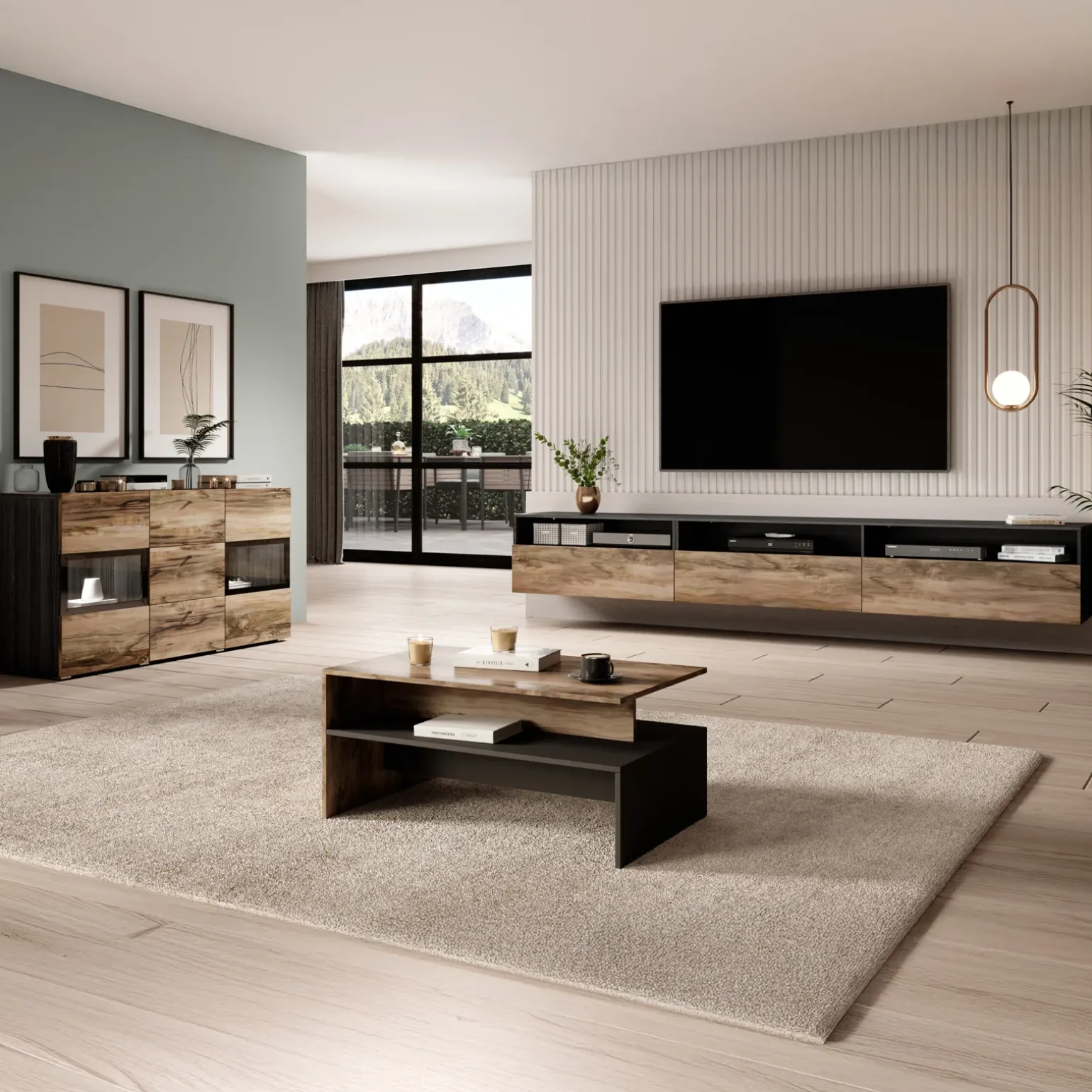 Mobile porta TV 270x42h cm moderno noce antico nero frassinato Emotion Gihome®