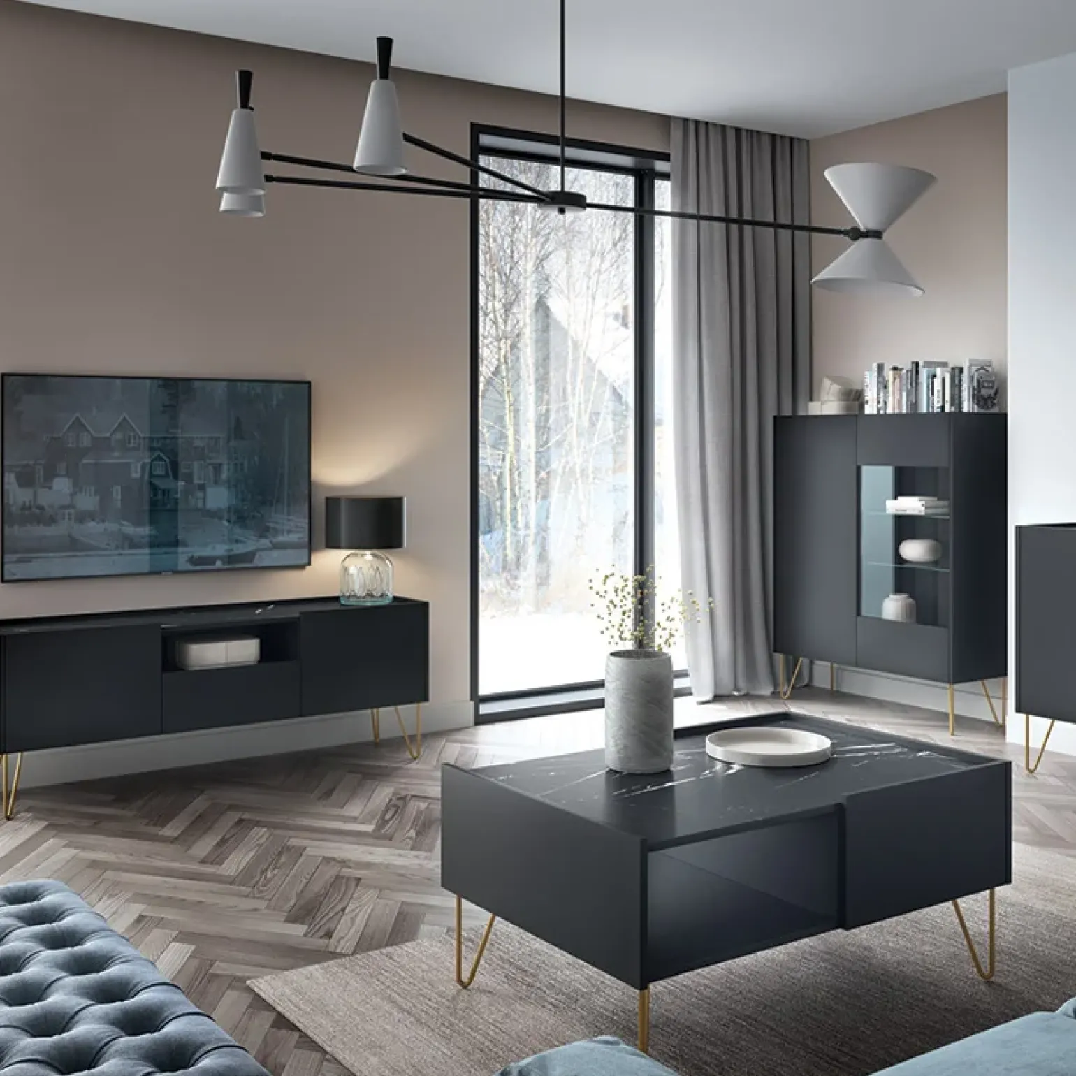 Mobile porta TV 144x55h cm soggiorno nero effetto marmo Sirena
