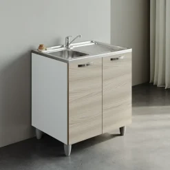 Mobile sottolavello cucina 80x86h cm multiuso con lavello 1 vasca sinistra acciaio inox rovere olmo Talise