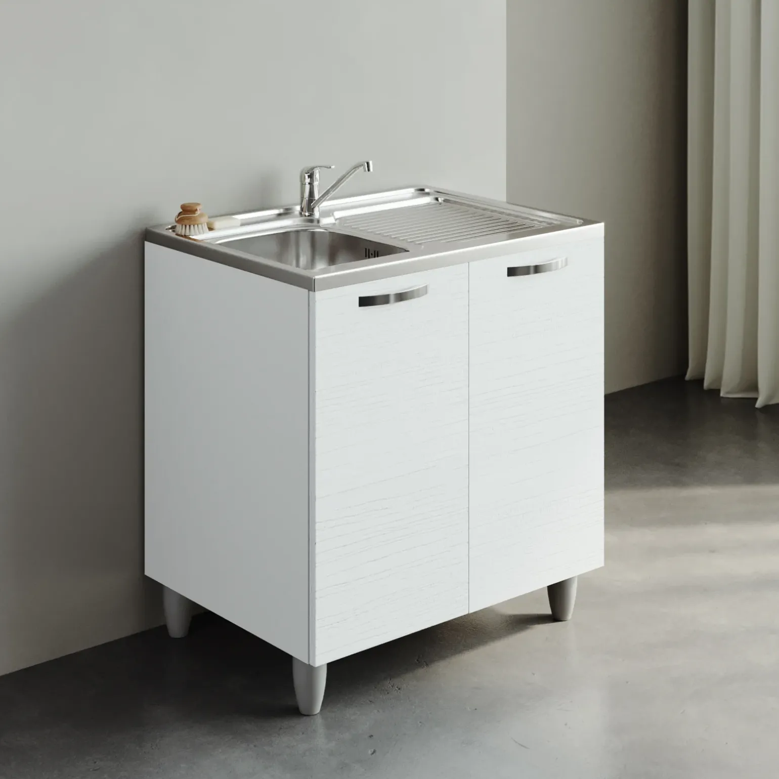 Mobile sottolavello cucina 80x86h cm multiuso con lavello 1 vasca sinistra acciaio inox bianco frassinato Talise