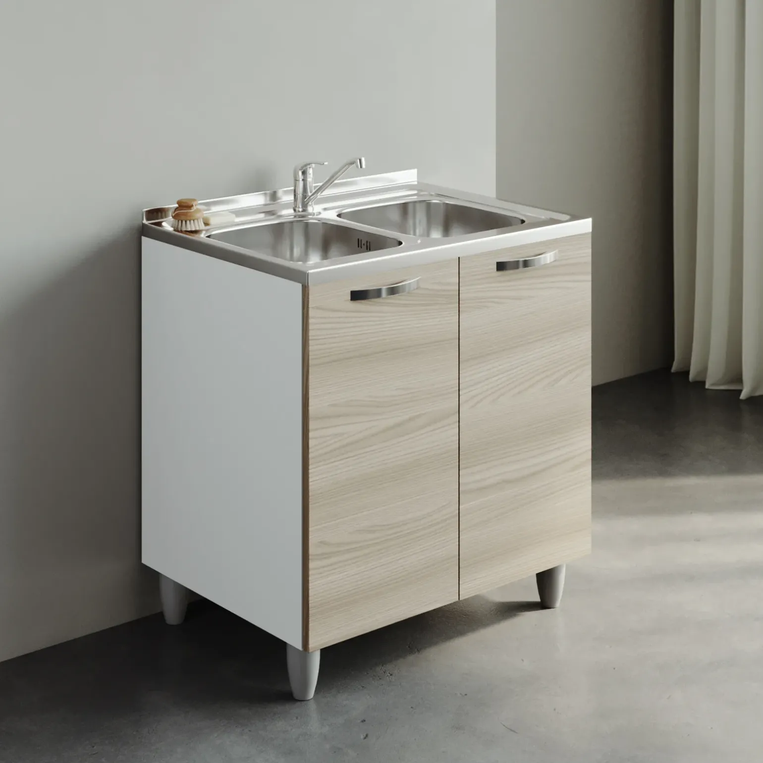 Mobile sottolavello cucina 80x86h cm multiuso con lavello 2 vasche acciaio inox bianco frassinato Talise