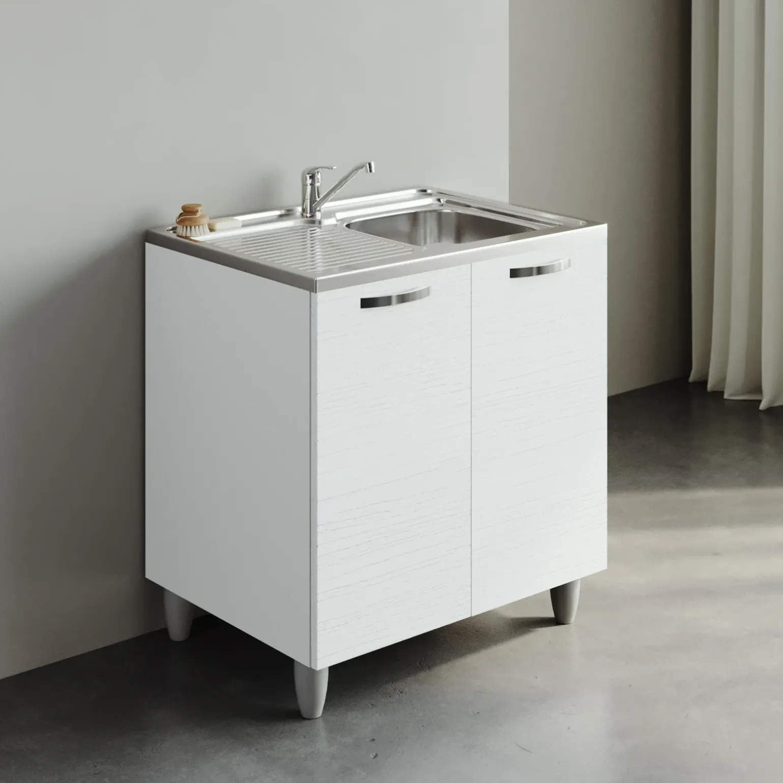 Mobile sottolavello cucina 80x86h cm multiuso con lavello 1 vasca destra acciaio inox bianco frassinato Talise
