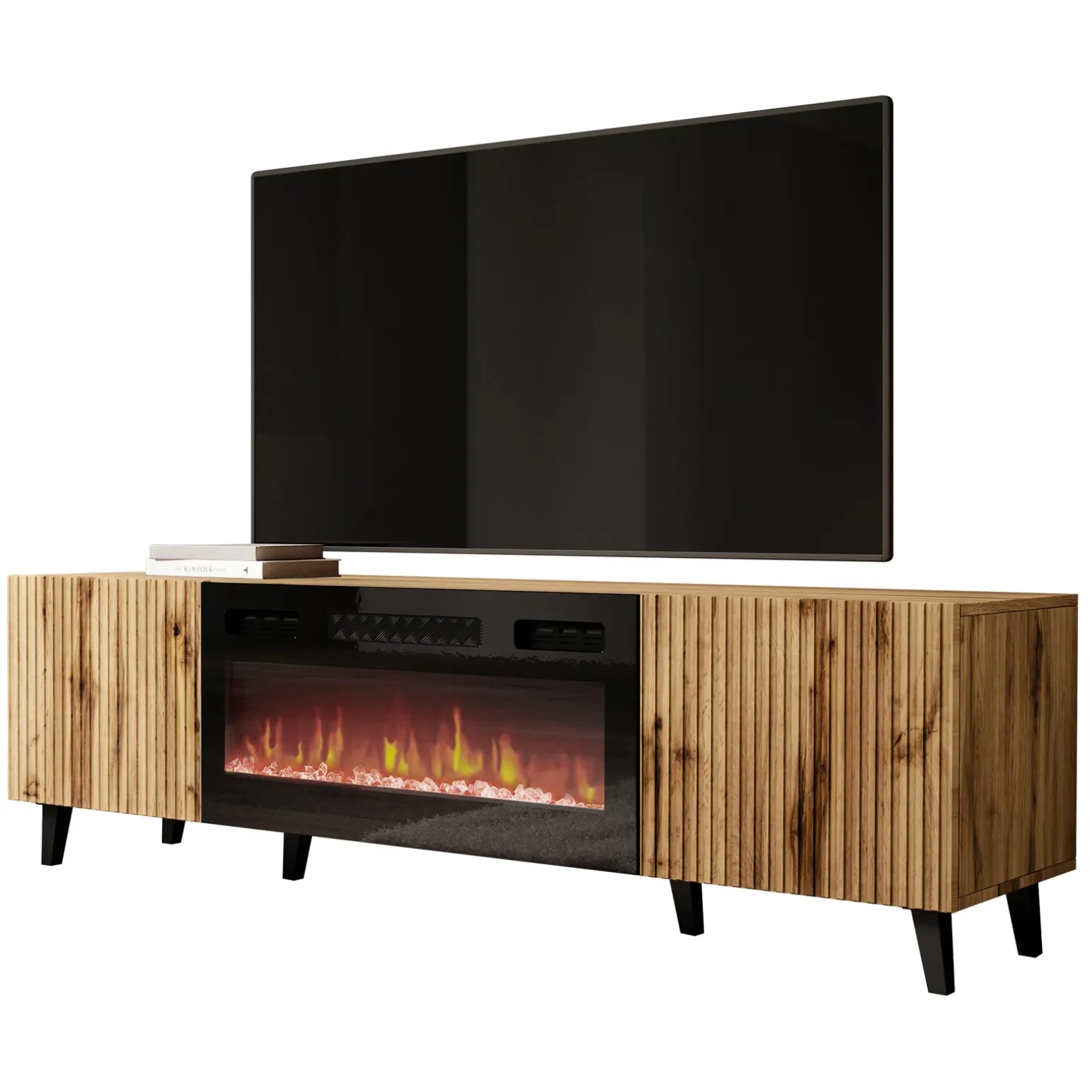 Mobile TV con camino 181x50h cm moderno cannettato quercia Essence